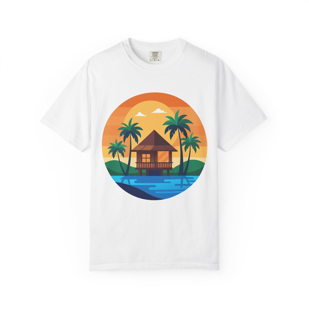 Tropical Beach Hut T-shirt | Sunset Palm Island Circle Design