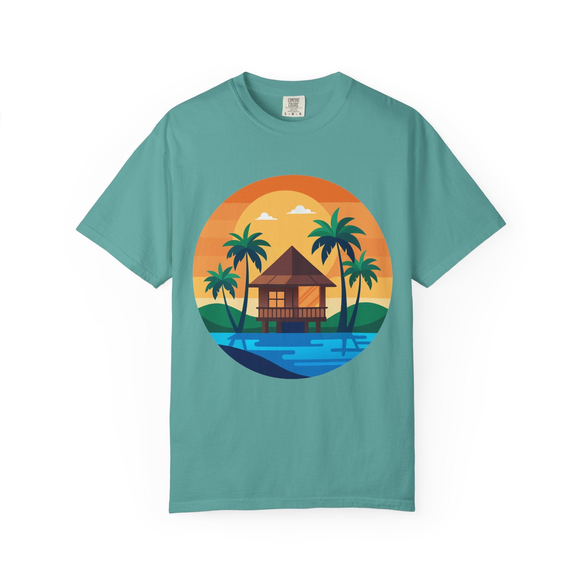 Tropical Beach Hut T-shirt | Sunset Palm Island Circle Design