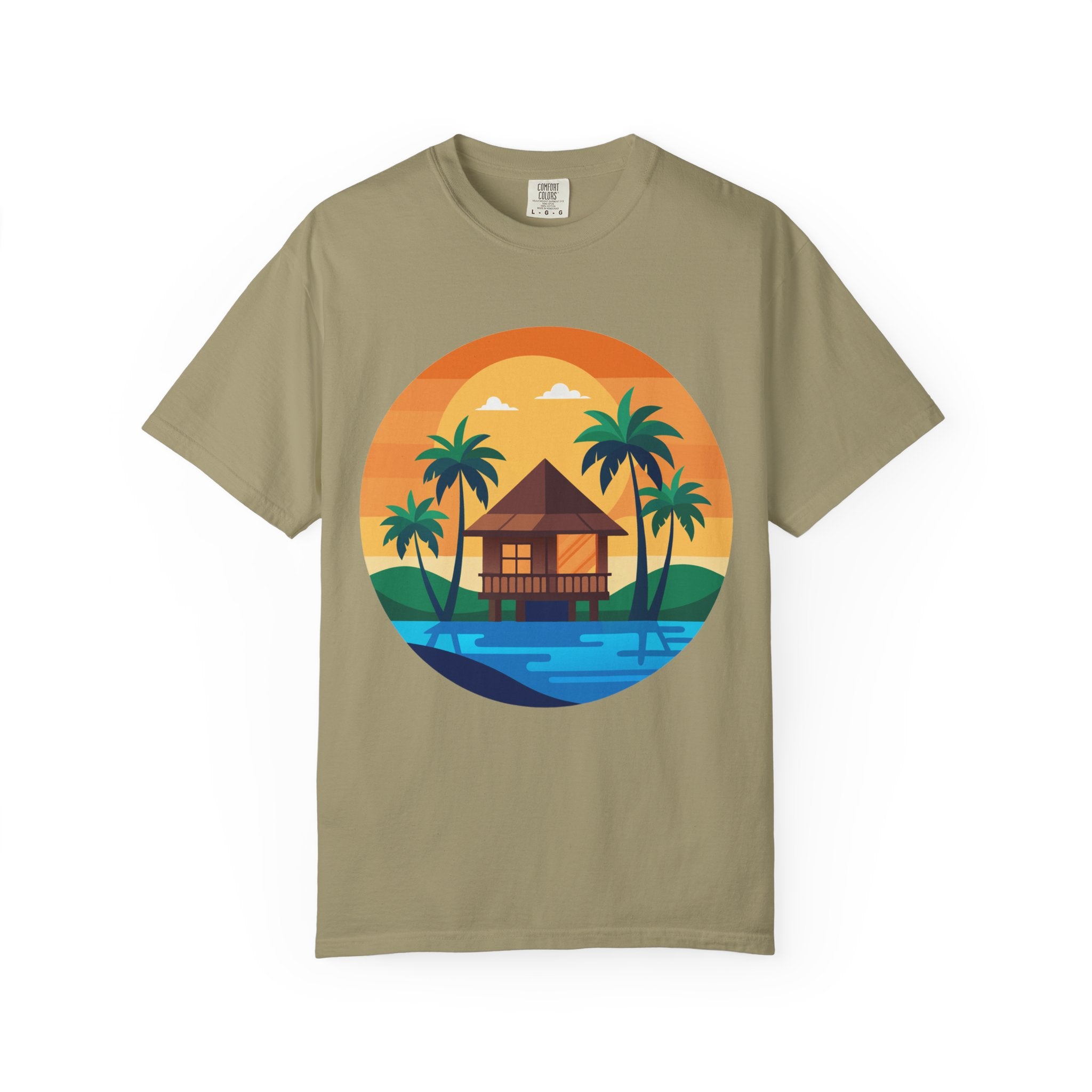 Tropical Beach Hut T-shirt | Sunset Palm Island Circle Design