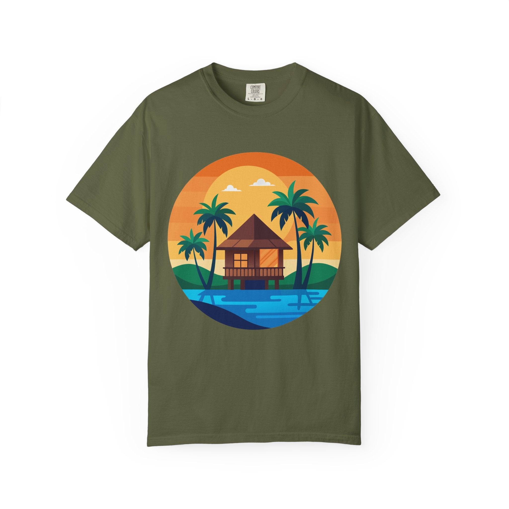 Tropical Beach Hut T-shirt | Sunset Palm Island Circle Design