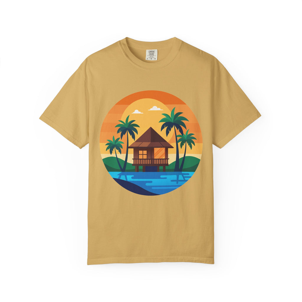 Tropical Beach Hut T-shirt | Sunset Palm Island Circle Design