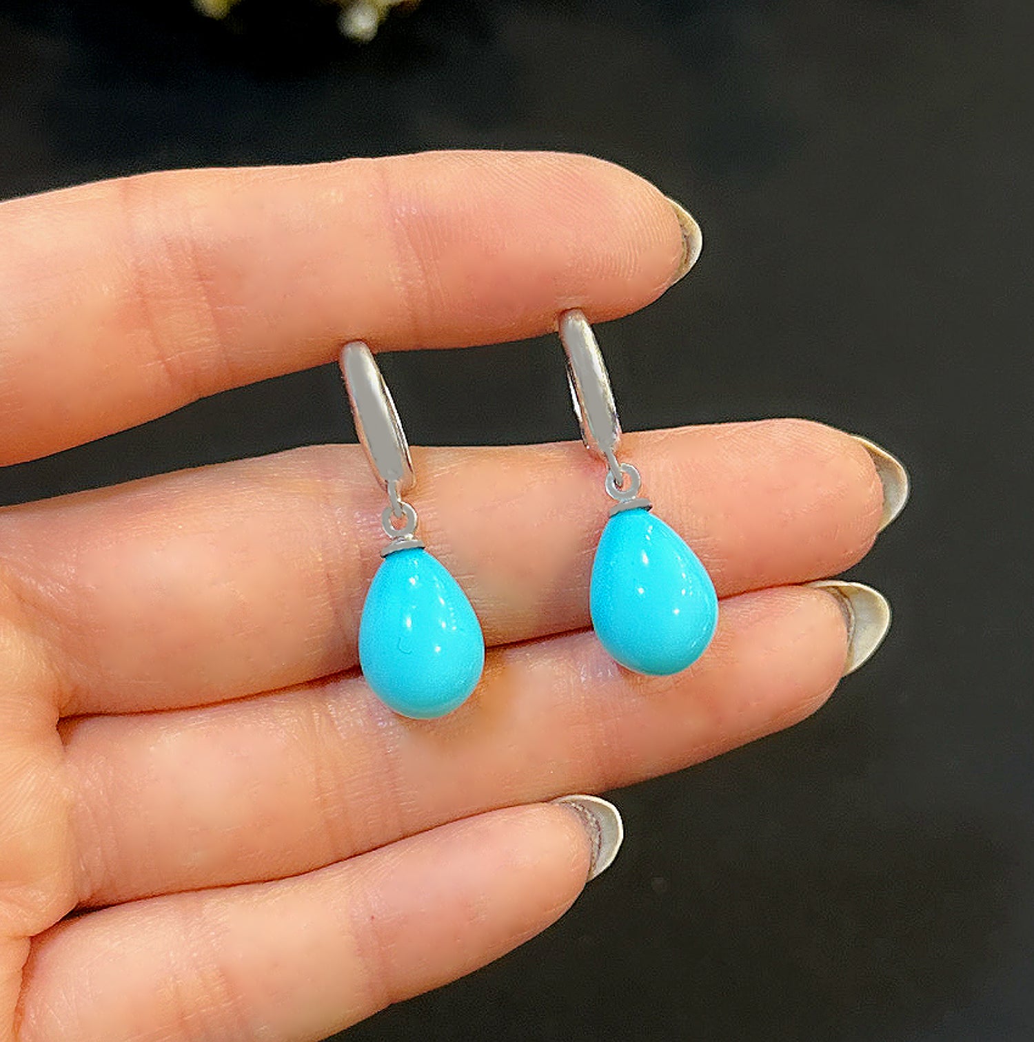 Turquoise Natural Stone Earrings in 925 Sterling Silver Turquoise Natural Stone Silver Earrings