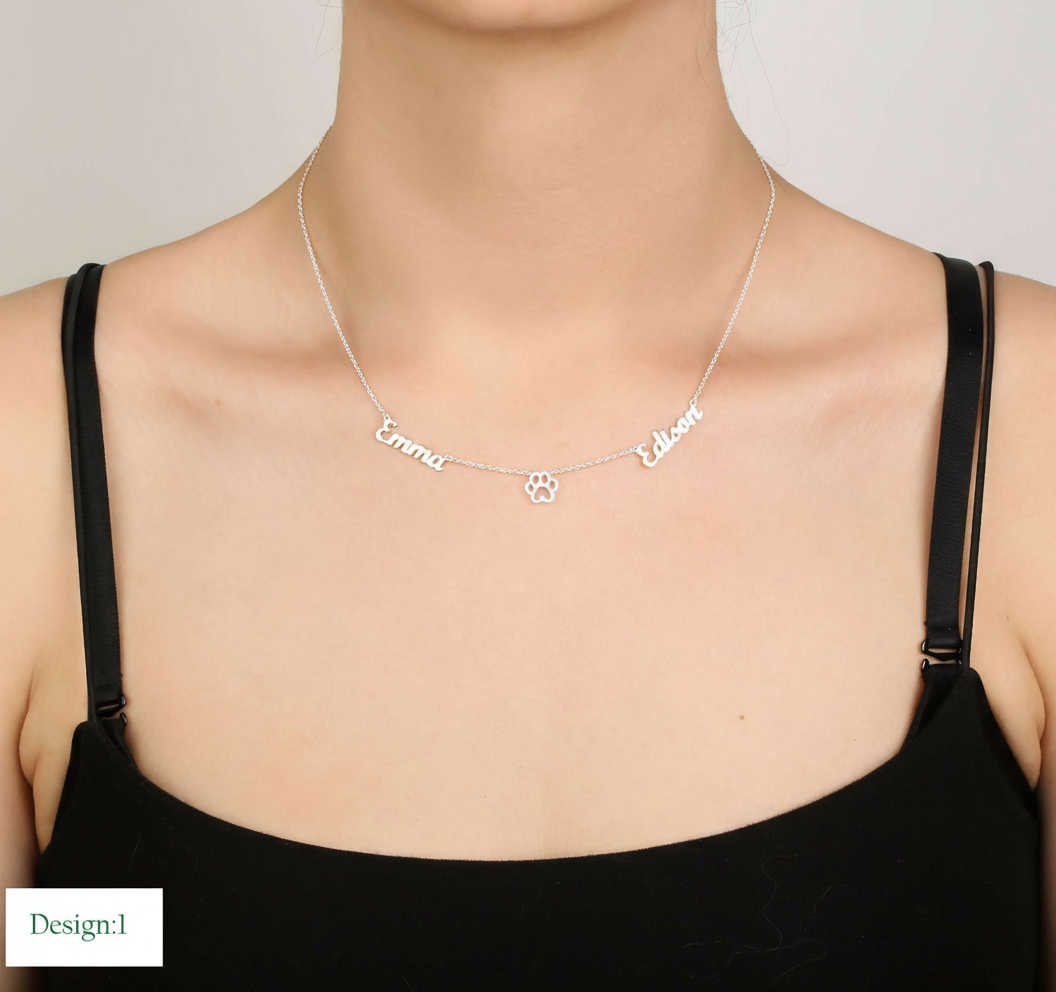 Two-name necklace with a dog paw in the center, 925 sterling silver name necklace