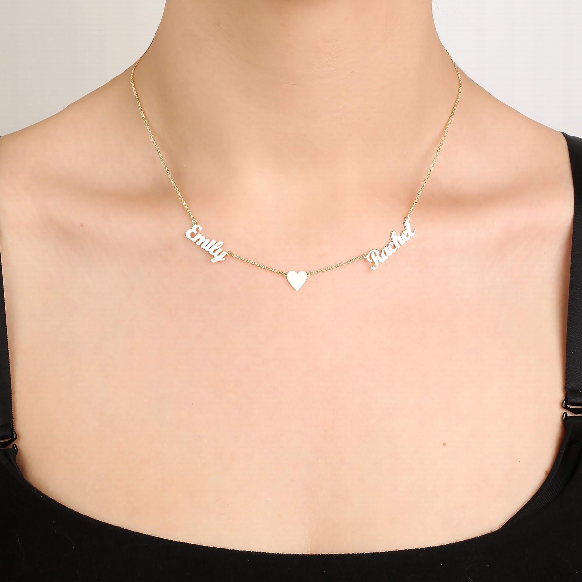 Two-name necklace with heart in the middle, 925 sterling silver name necklace