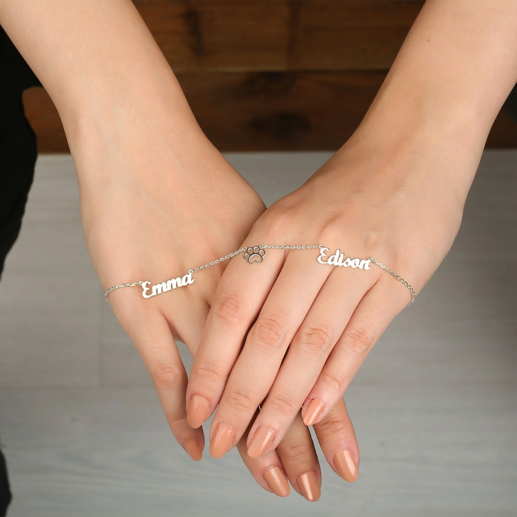 Two-name necklace with a dog paw in the center, 925 sterling silver name necklace