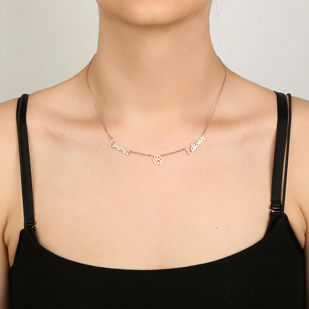 Two-name necklace with a dog paw in the center, 925 sterling silver name necklace