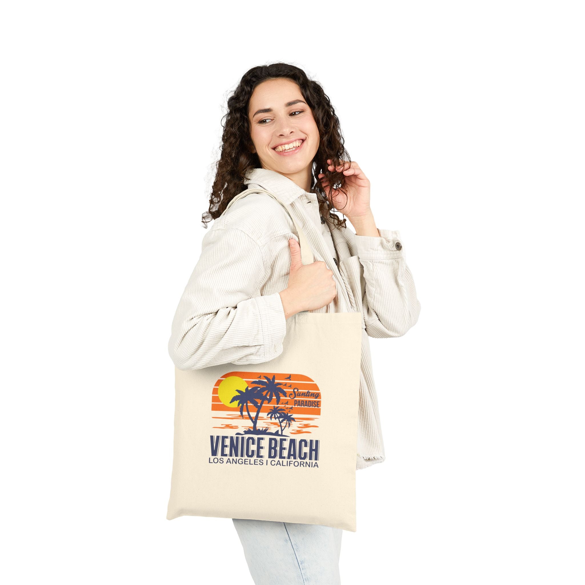 Venice Beach Surf Tote  Canvas Beach Bag with Sunset Palm & Surfboard Design
