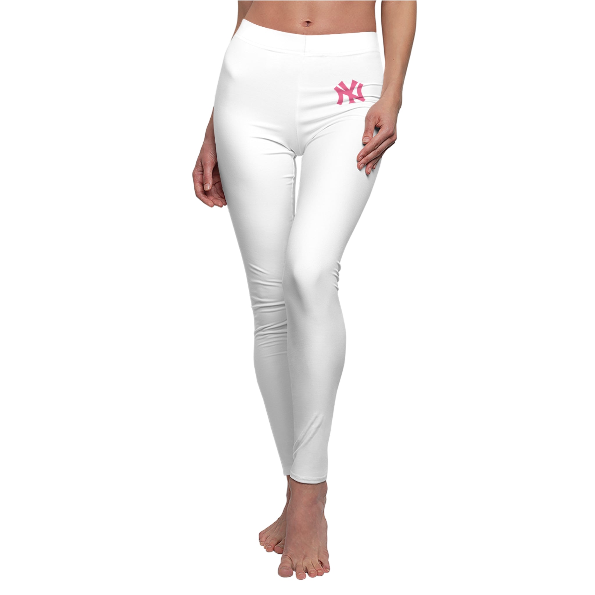 White Women's Leggings with Pink NY Logo Casual Athletic Everyday Wear