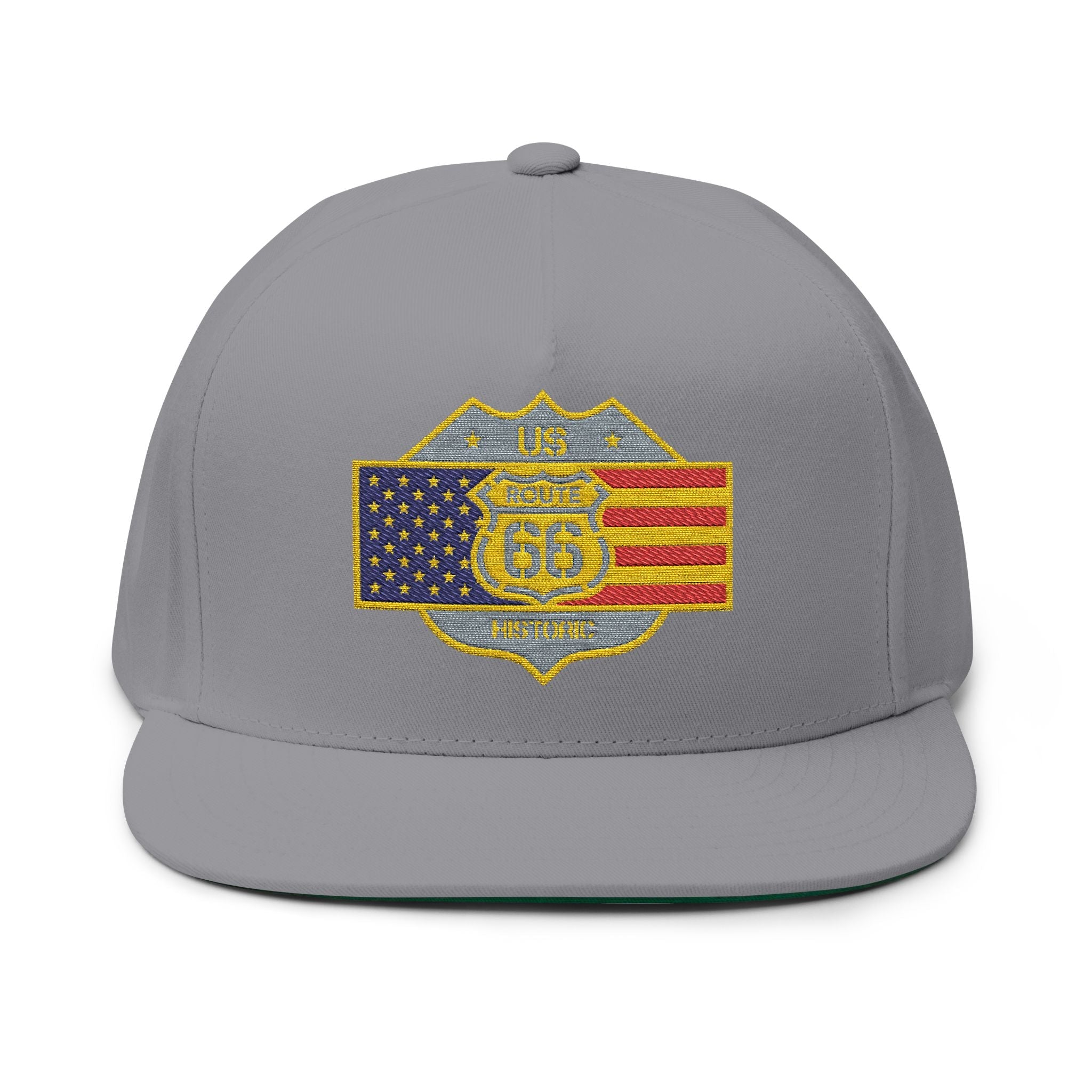 American Flag Route 66 Embroidered Flat Bill Cap - Etna Gift