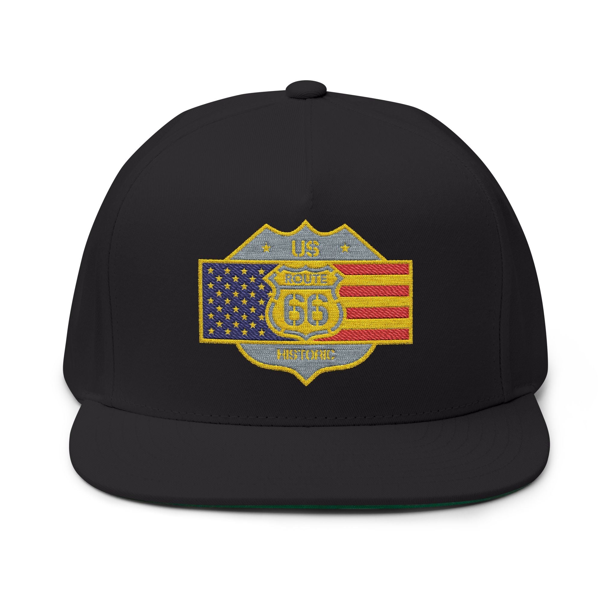 American Flag Route 66 Embroidered Flat Bill Cap - Etna Gift