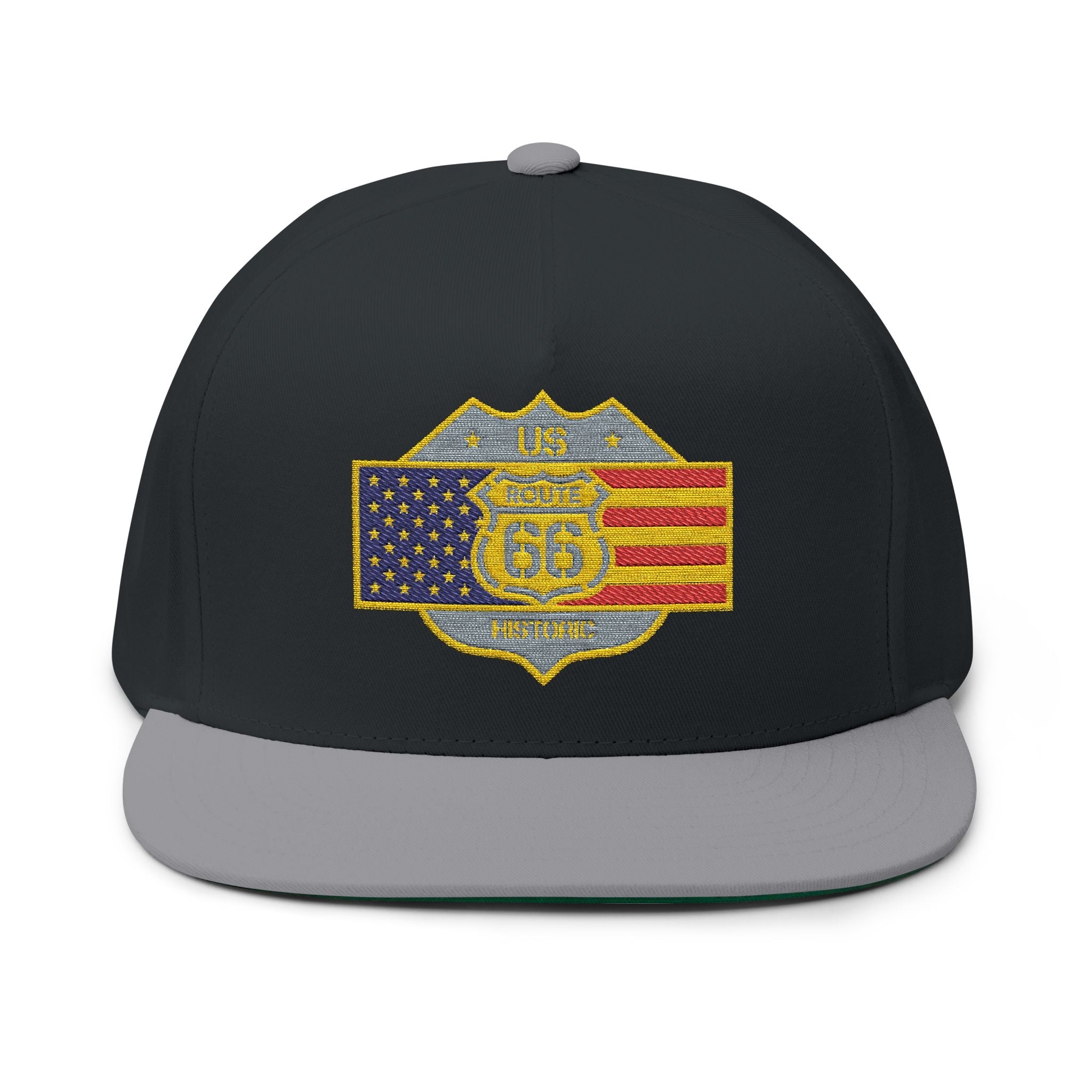 American Flag Route 66 Embroidered Flat Bill Cap - Etna Gift