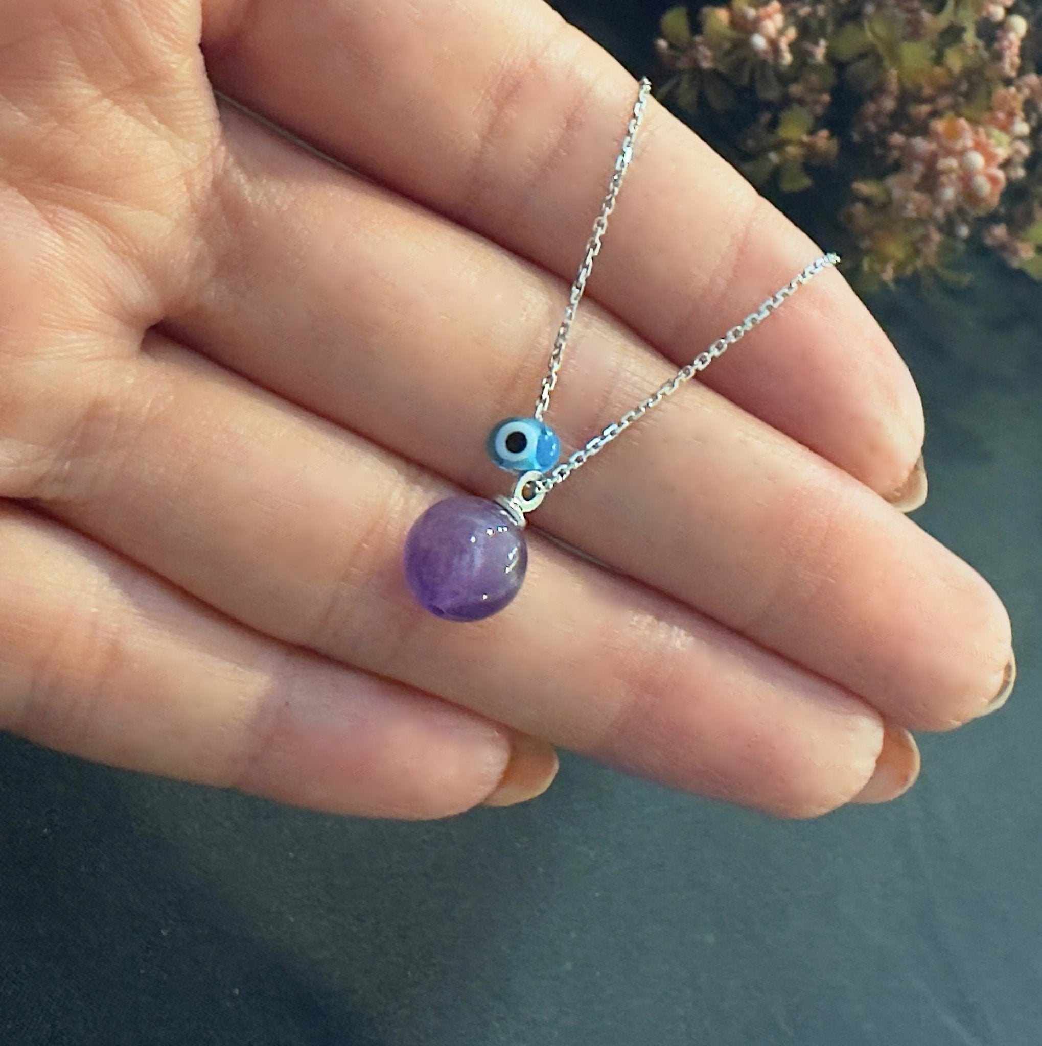 Amethyst natural stone necklace 925 sterling silver Amethyst necklace White - Etna Gift