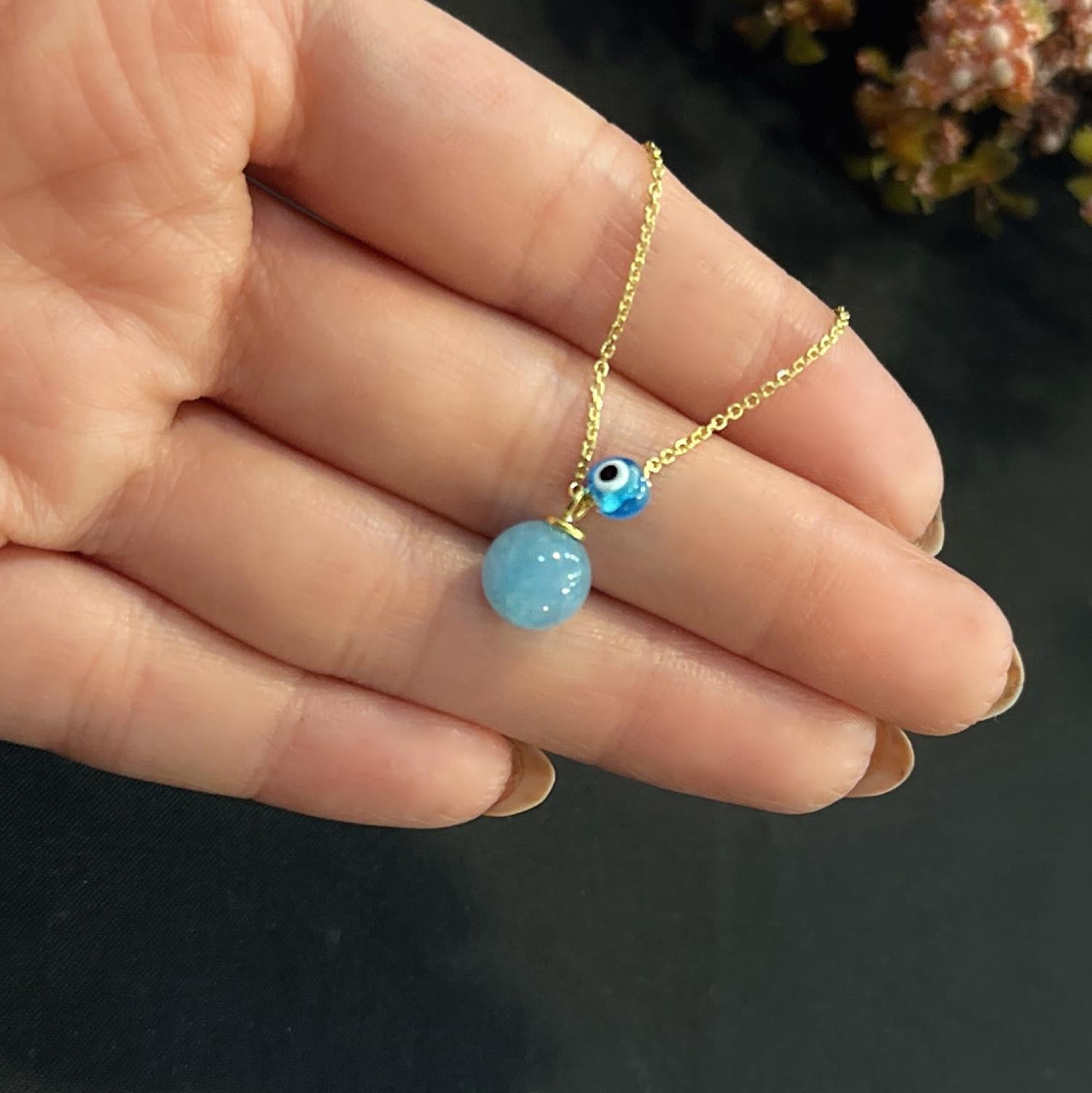 Aquamarine natural stone necklace 925 sterling silver aquamarine necklace yellow - Etna Gift