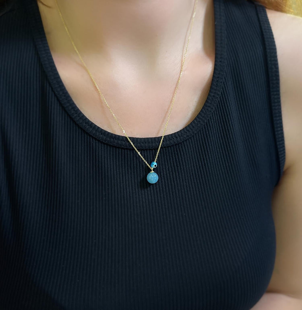 Aquamarine natural stone necklace 925 sterling silver aquamarine necklace yellow - Etna Gift