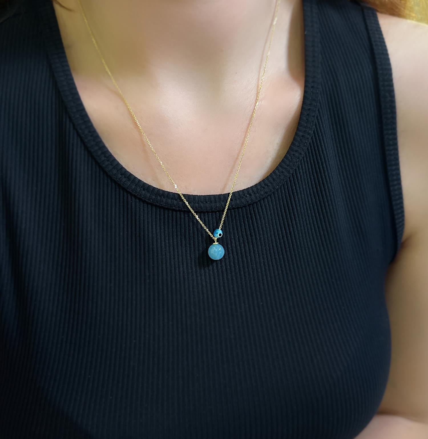 Aquamarine natural stone necklace 925 sterling silver aquamarine necklace yellow - Etna Gift