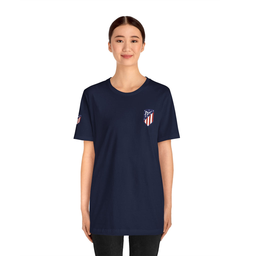 Atletico Madrid Shield T-Shirt Front Chest & Sleeve Logo Soccer Tee - Etna Gift