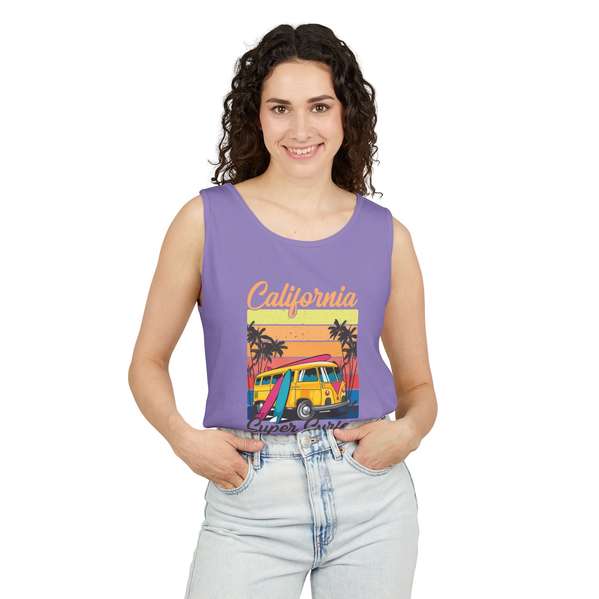 California Super Surfer Tank Top Vintage Surf Van & Board Beach Graphic - Etna Gift