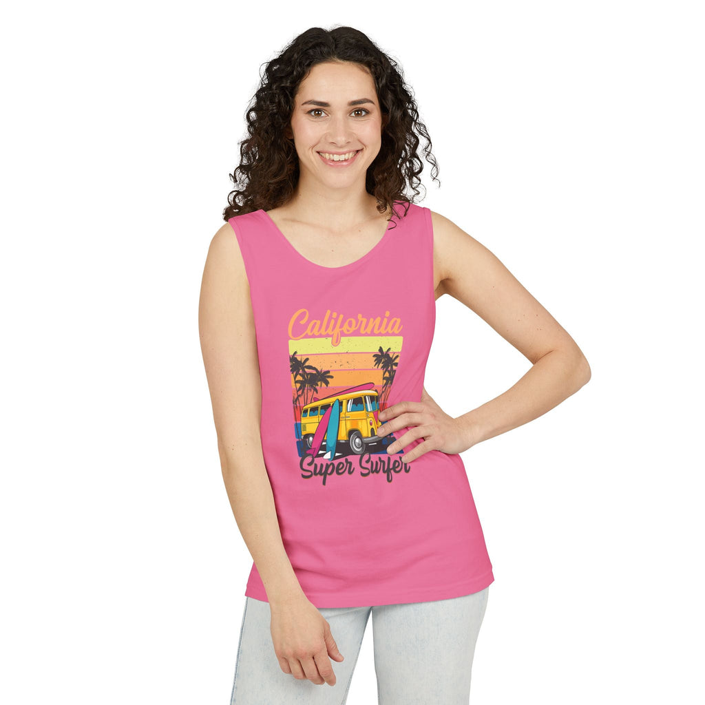 California Super Surfer Tank Top Vintage Surf Van & Board Beach Graphic - Etna Gift