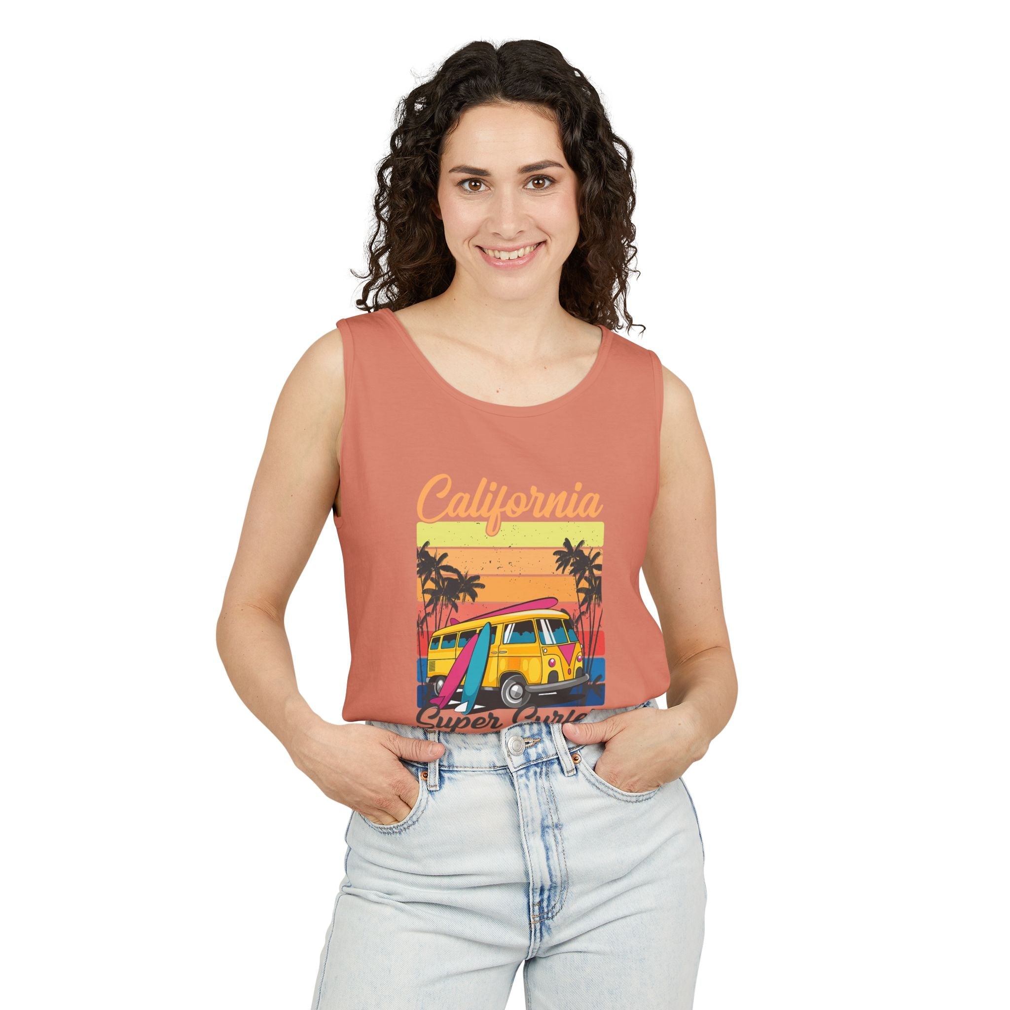 California Super Surfer Tank Top Vintage Surf Van & Board Beach Graphic - Etna Gift