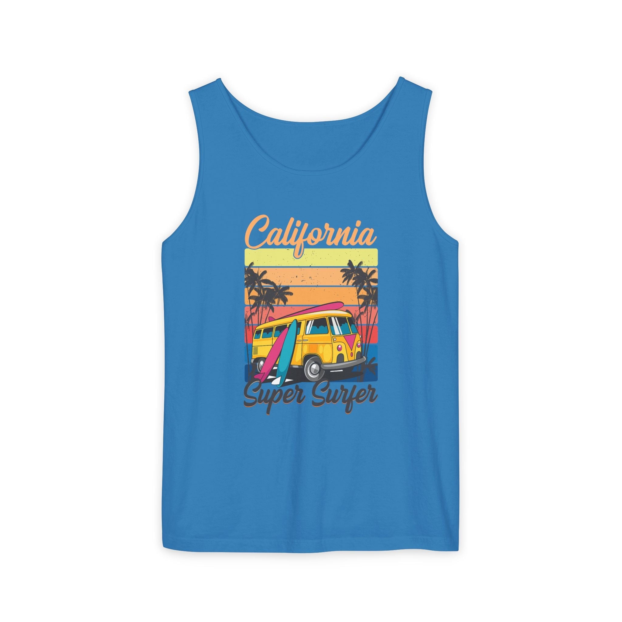 California Super Surfer Tank Top Vintage Surf Van & Board Beach Graphic - Etna Gift