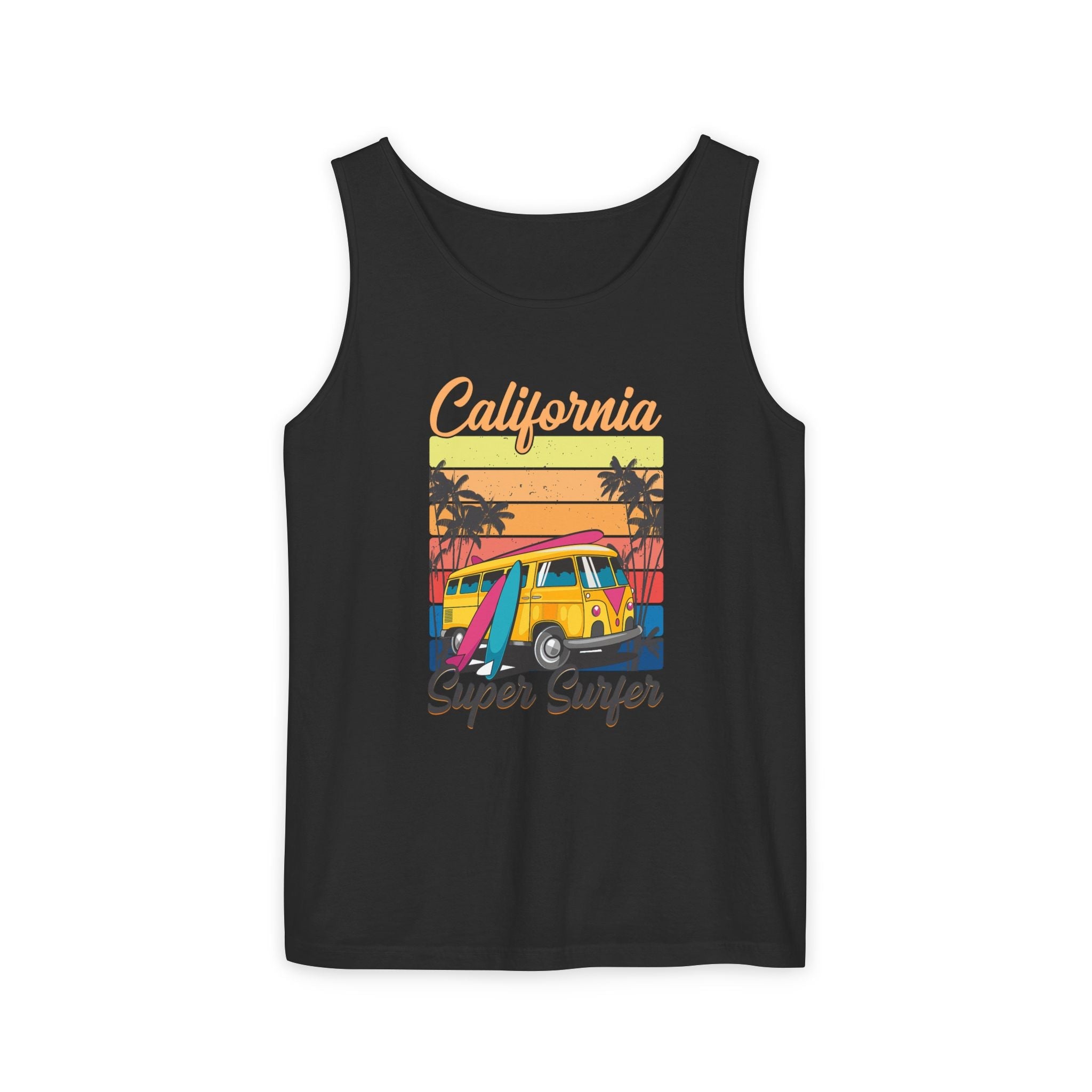 California Super Surfer Tank Top Vintage Surf Van & Board Beach Graphic - Etna Gift