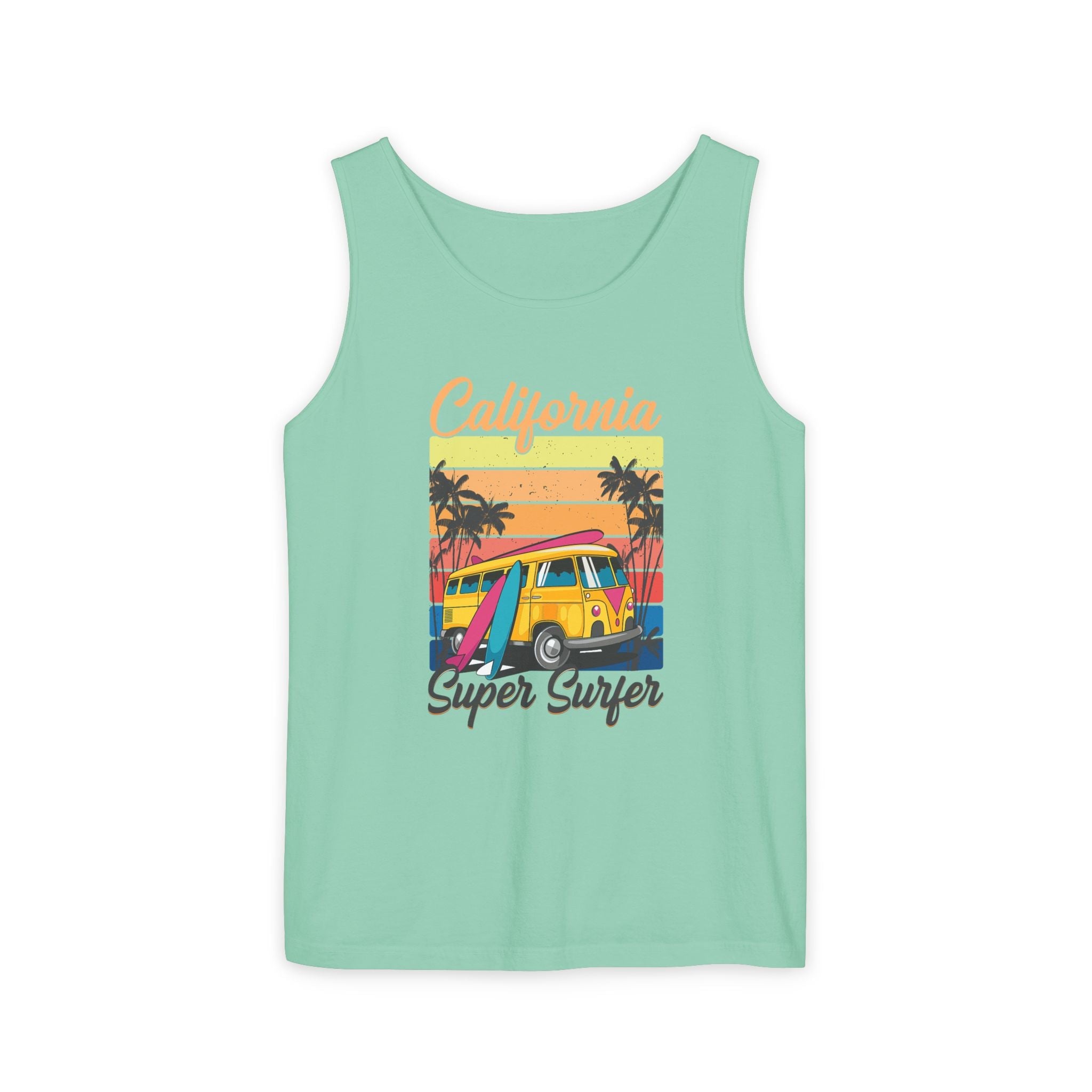 California Super Surfer Tank Top Vintage Surf Van & Board Beach Graphic - Etna Gift