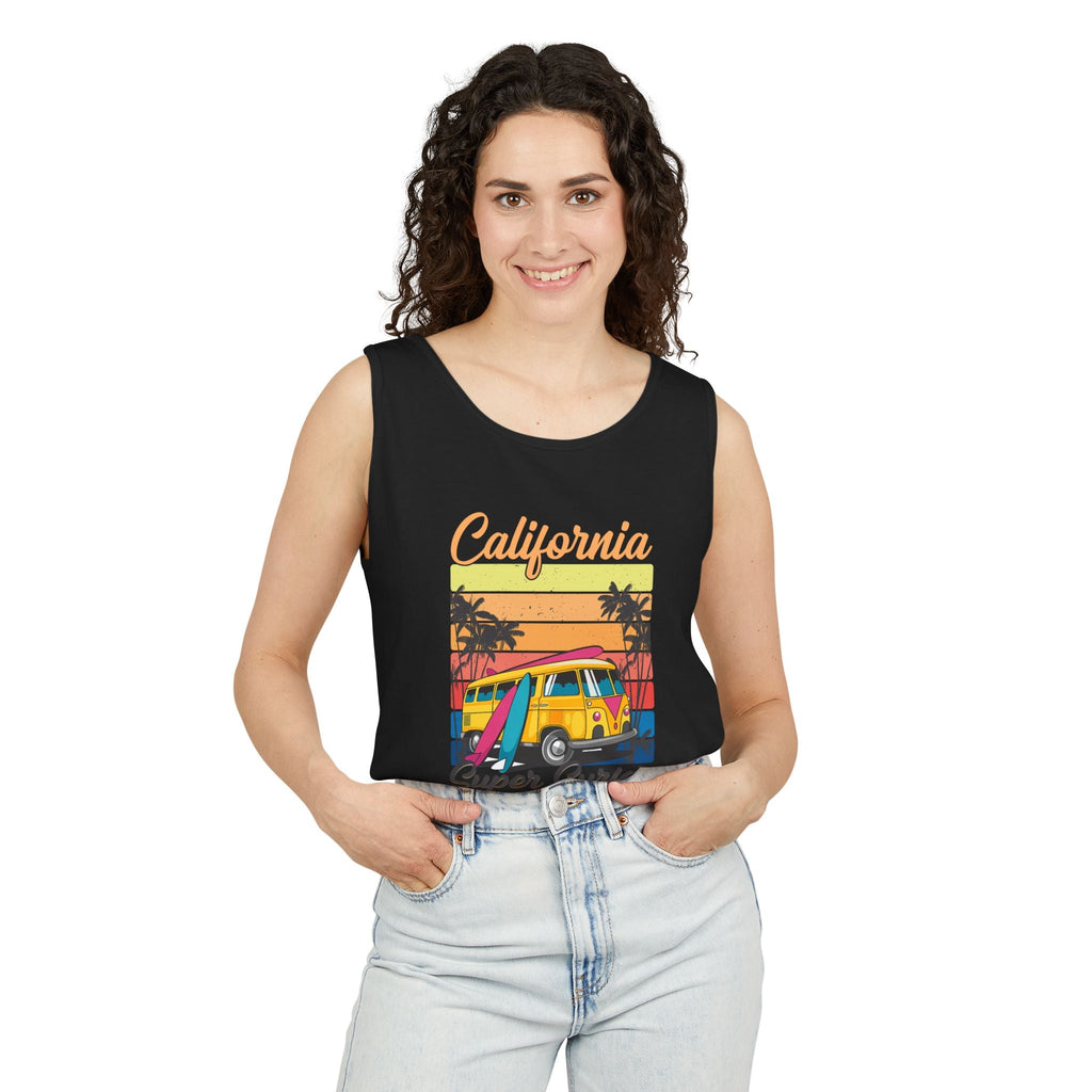 California Super Surfer Tank Top Vintage Surf Van & Board Beach Graphic - Etna Gift