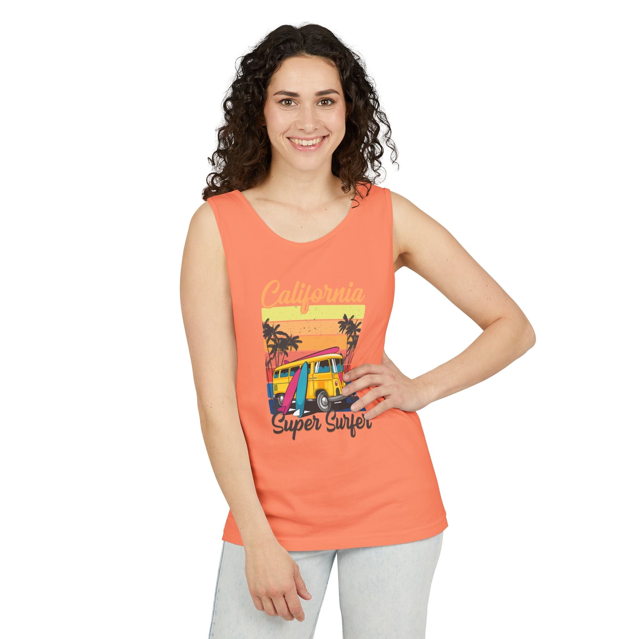 California Super Surfer Tank Top Vintage Surf Van & Board Beach Graphic - Etna Gift