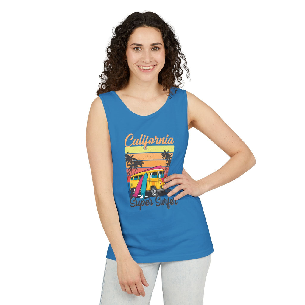 California Super Surfer Tank Top Vintage Surf Van & Board Beach Graphic - Etna Gift