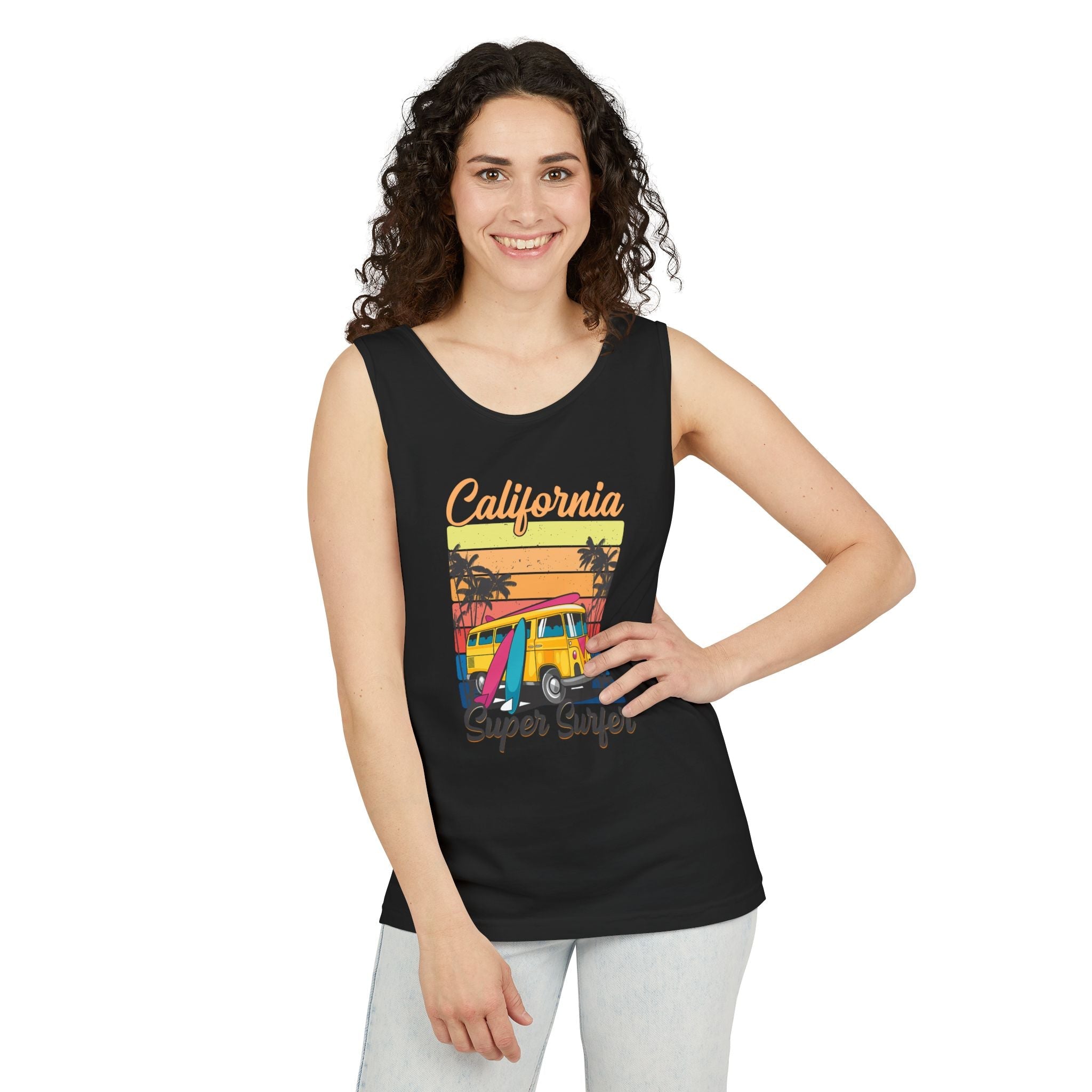 California Super Surfer Tank Top Vintage Surf Van & Board Beach Graphic - Etna Gift