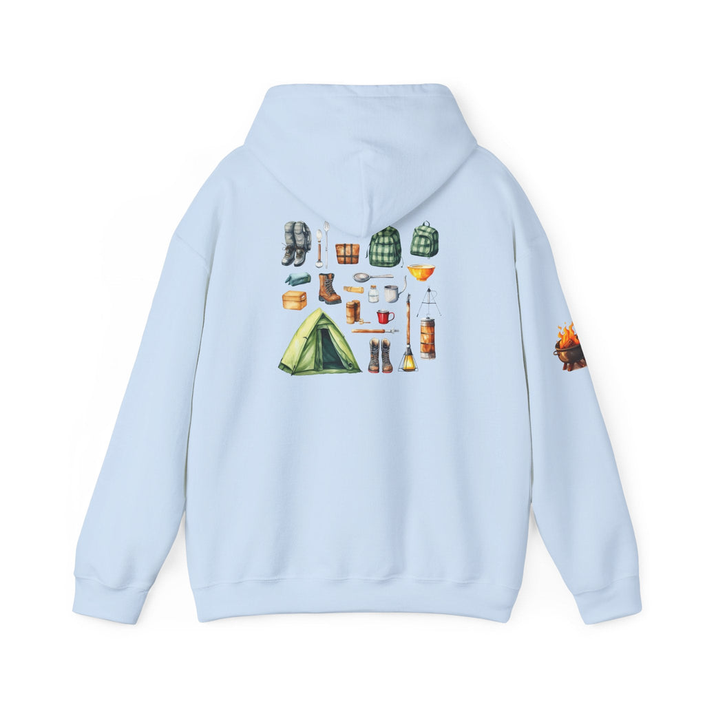 Camping Gear Hoodie Tent, Boots, Lantern, Campfire Illustration - Etna Gift