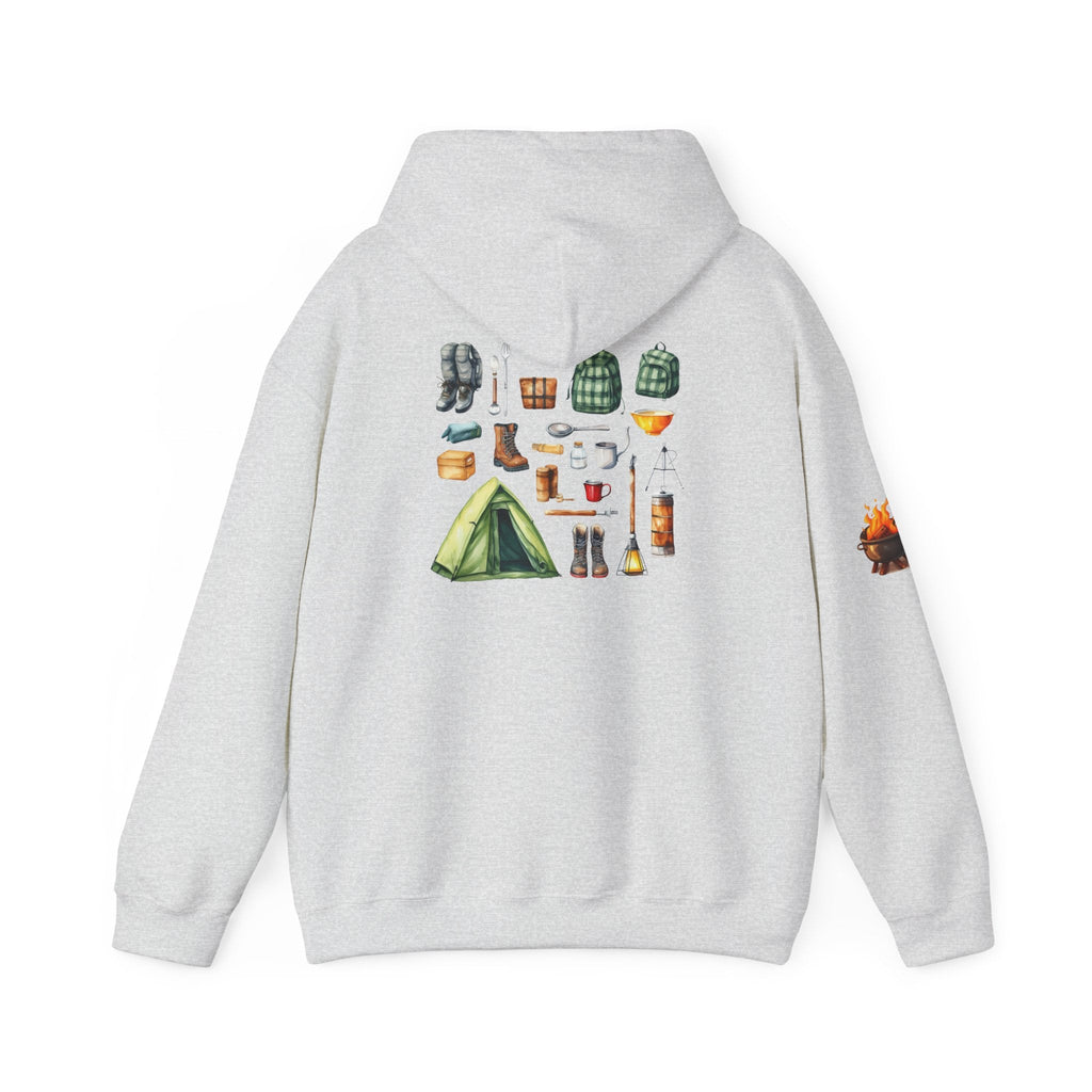 Camping Gear Hoodie Tent, Boots, Lantern, Campfire Illustration - Etna Gift