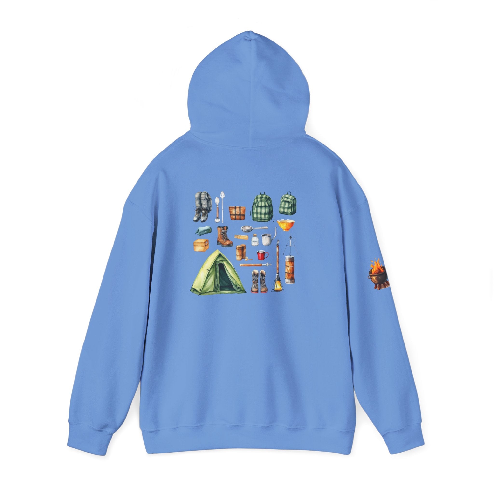 Camping Gear Hoodie Tent, Boots, Lantern, Campfire Illustration - Etna Gift