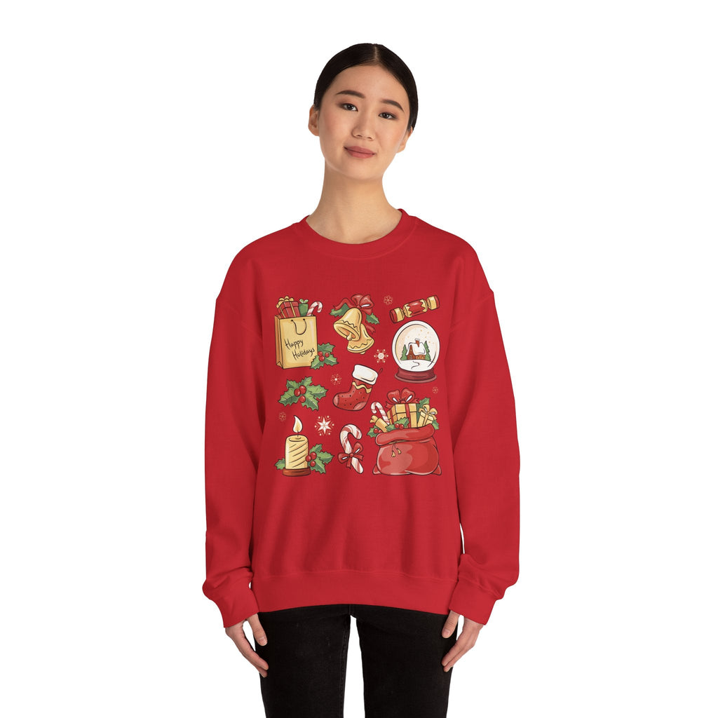 Christmas Icons collage Sweatshirt | holiday presents bell stocking snow globe - Etna Gift