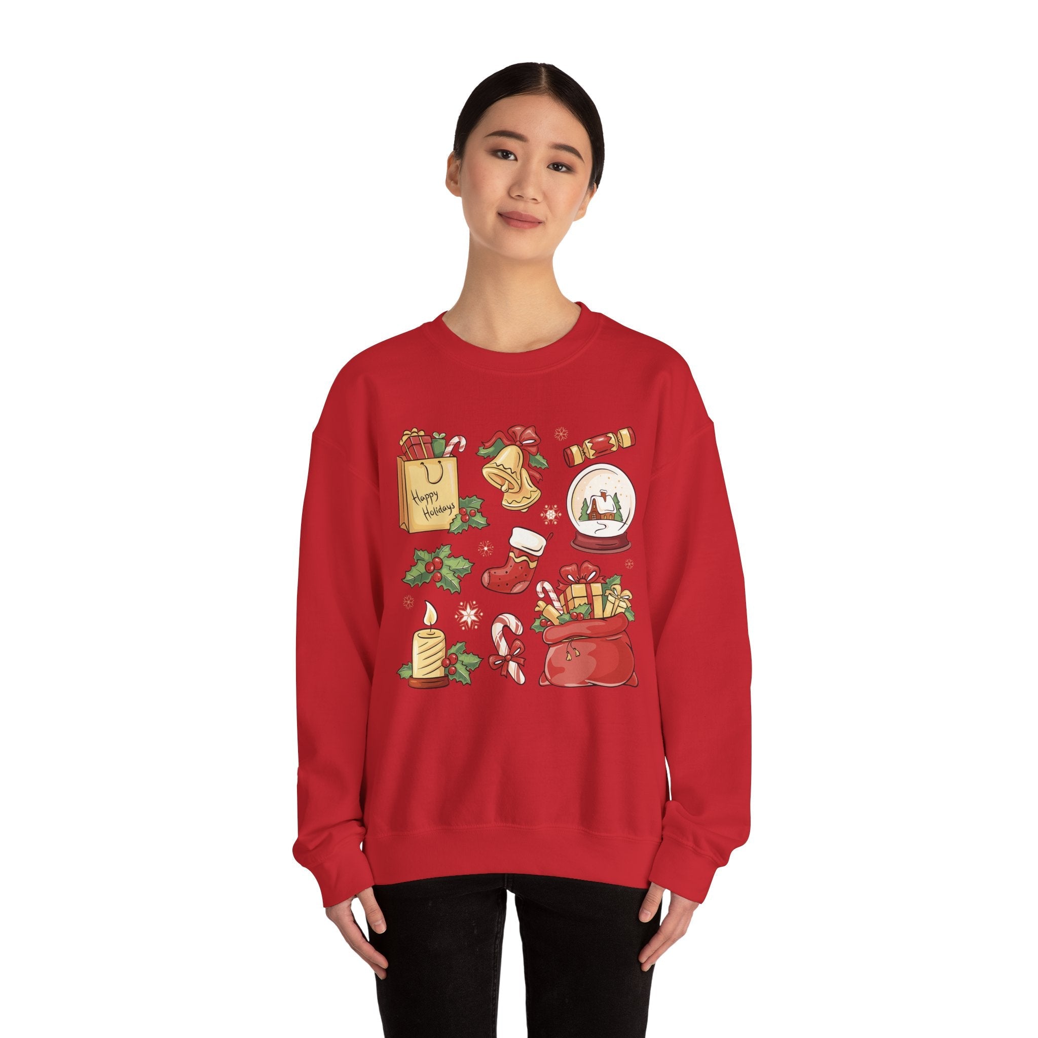 Christmas Icons collage Sweatshirt | holiday presents bell stocking snow globe - Etna Gift