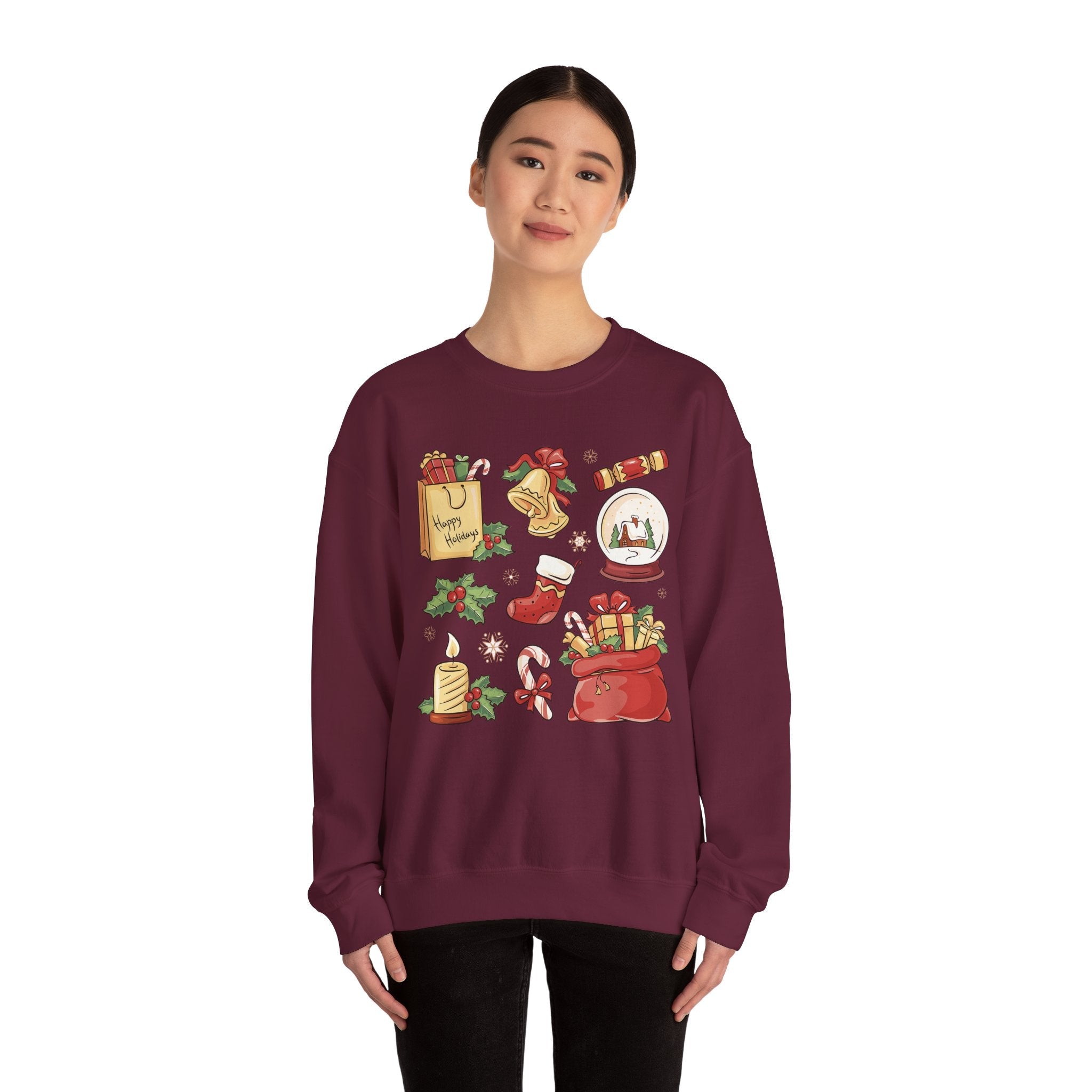 Christmas Icons collage Sweatshirt | holiday presents bell stocking snow globe - Etna Gift