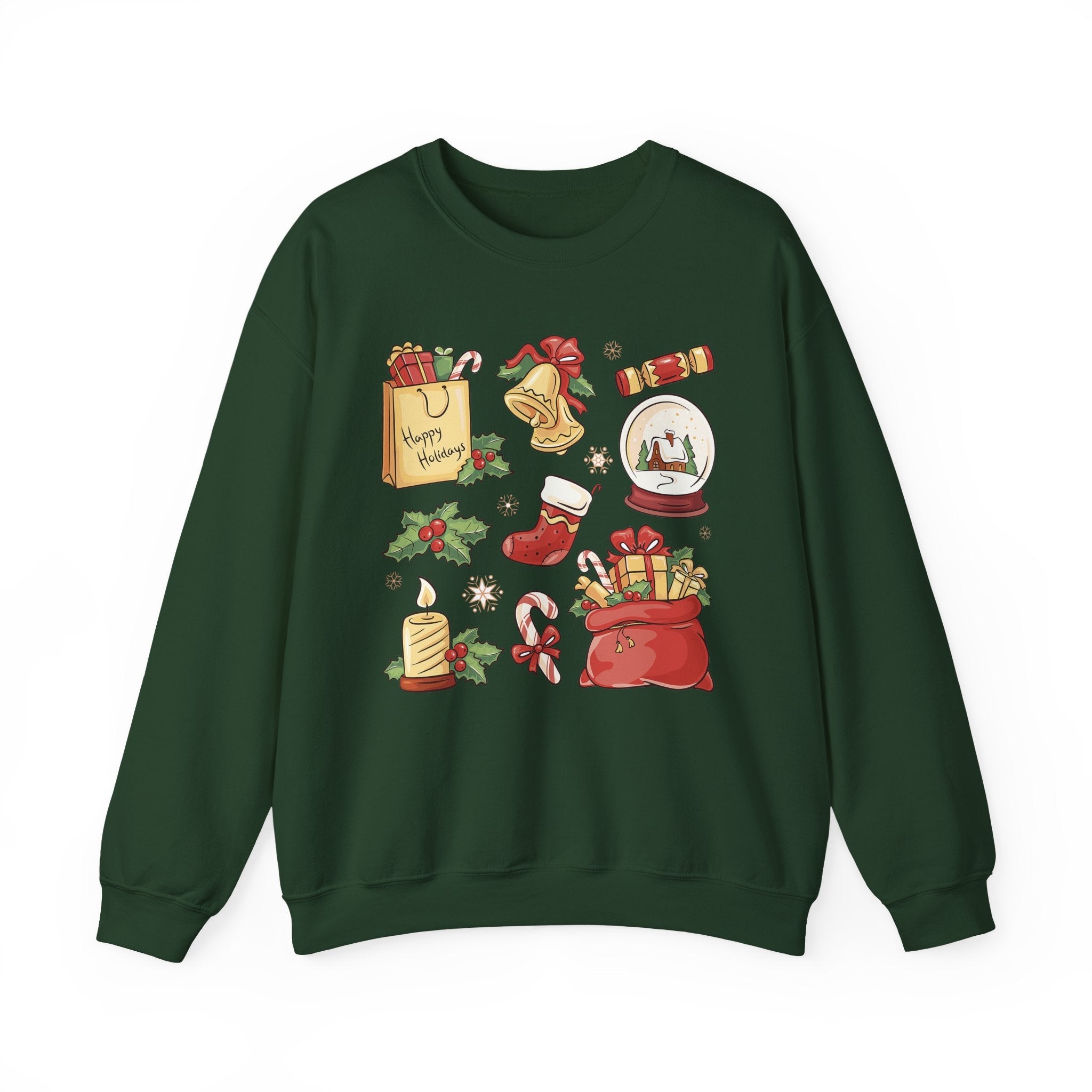 Christmas Icons collage Sweatshirt | holiday presents bell stocking snow globe - Etna Gift