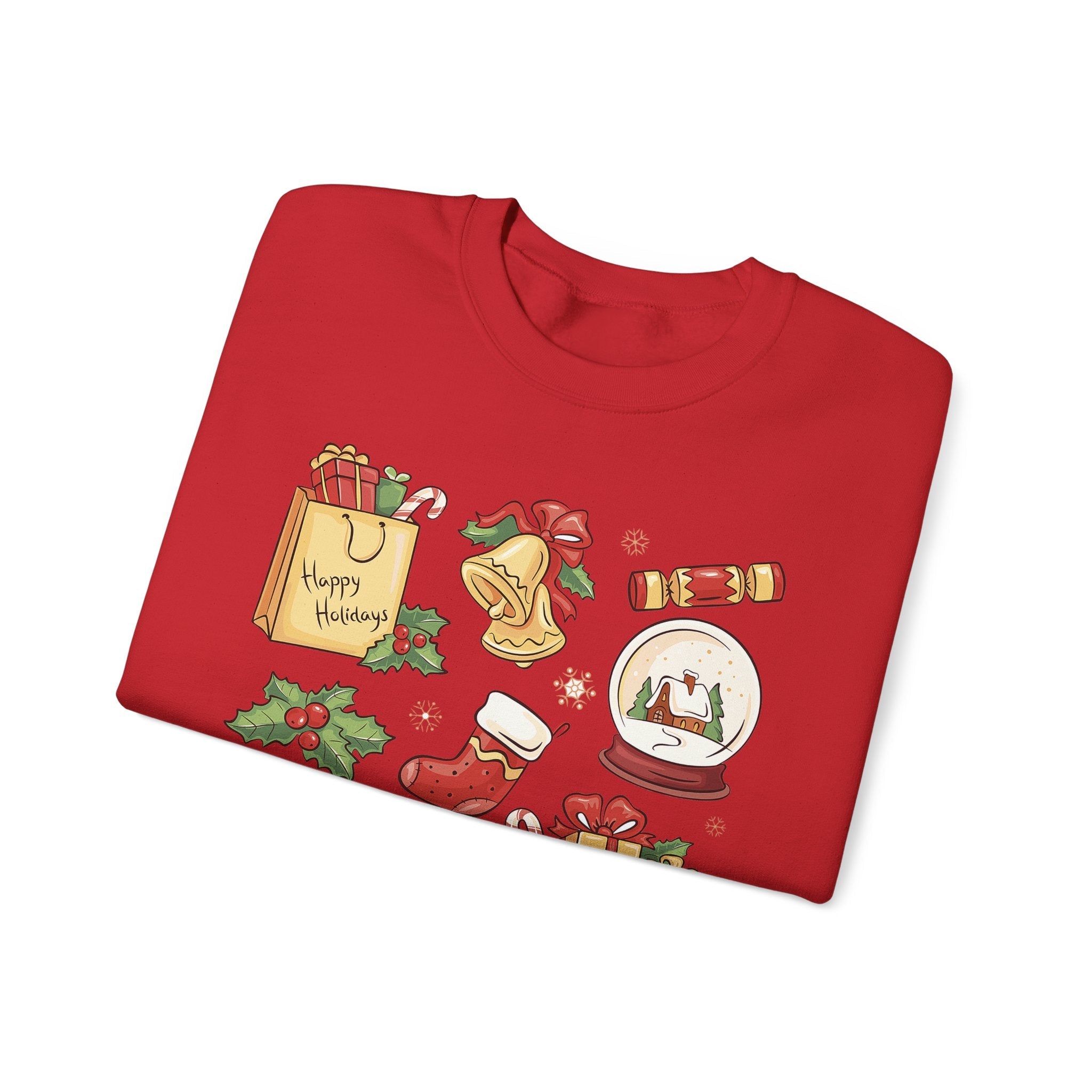 Christmas Icons collage Sweatshirt | holiday presents bell stocking snow globe - Etna Gift
