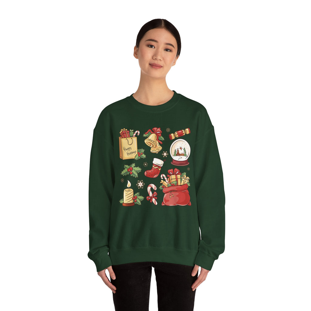 Christmas Icons collage Sweatshirt | holiday presents bell stocking snow globe - Etna Gift