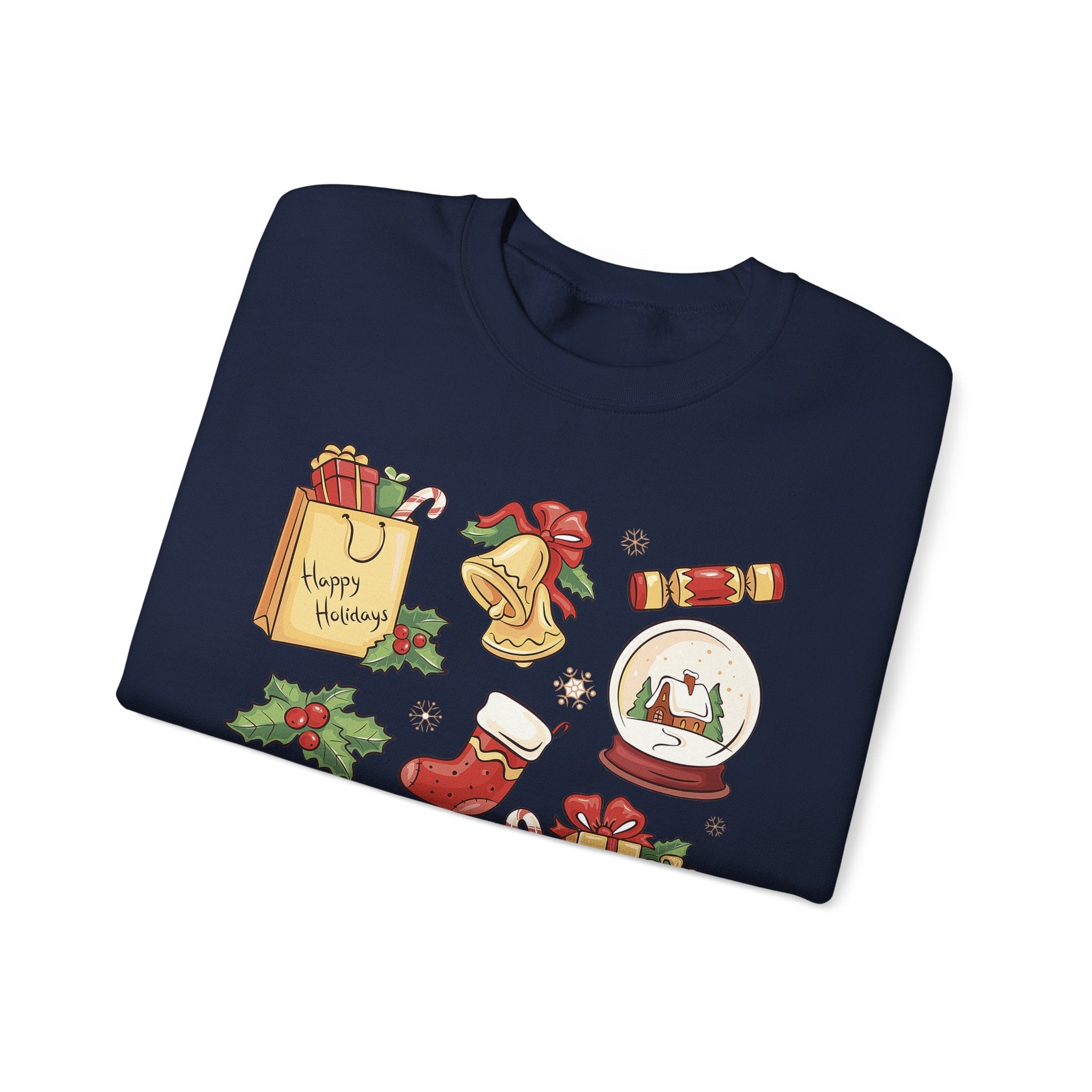 Christmas Icons collage Sweatshirt | holiday presents bell stocking snow globe - Etna Gift