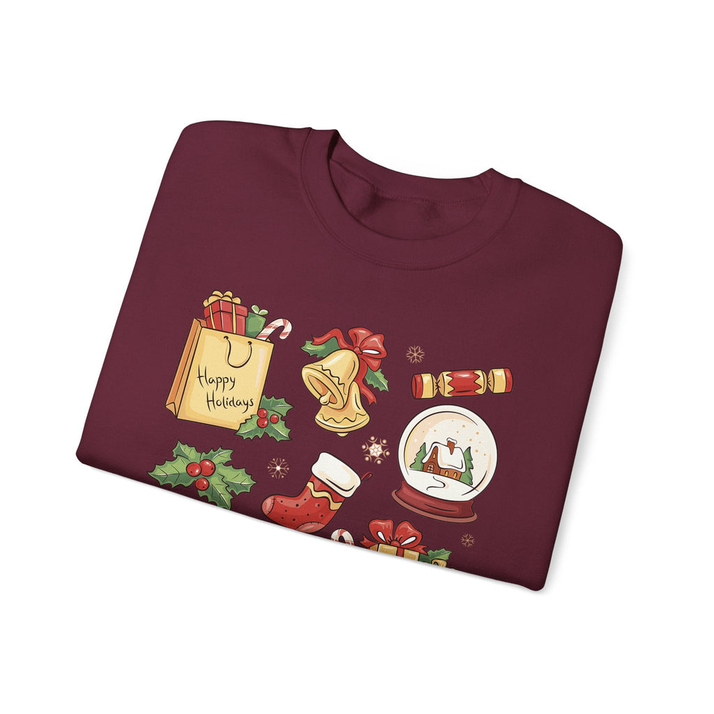 Christmas Icons collage Sweatshirt | holiday presents bell stocking snow globe - Etna Gift