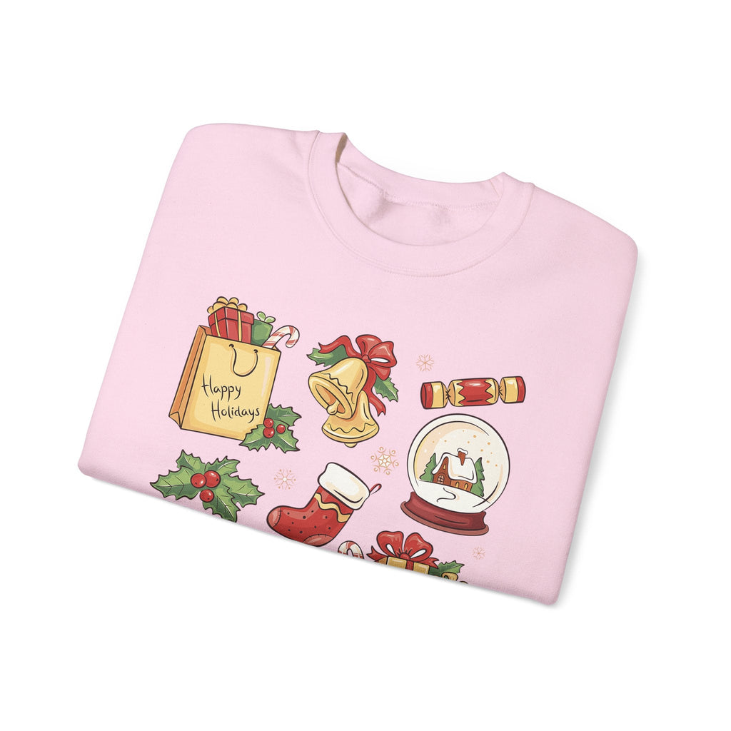 Christmas Icons collage Sweatshirt | holiday presents bell stocking snow globe - Etna Gift