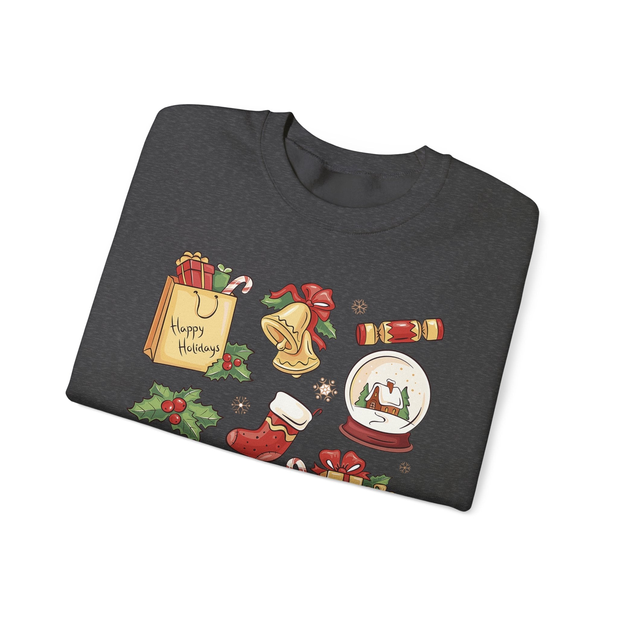 Christmas Icons collage Sweatshirt | holiday presents bell stocking snow globe - Etna Gift