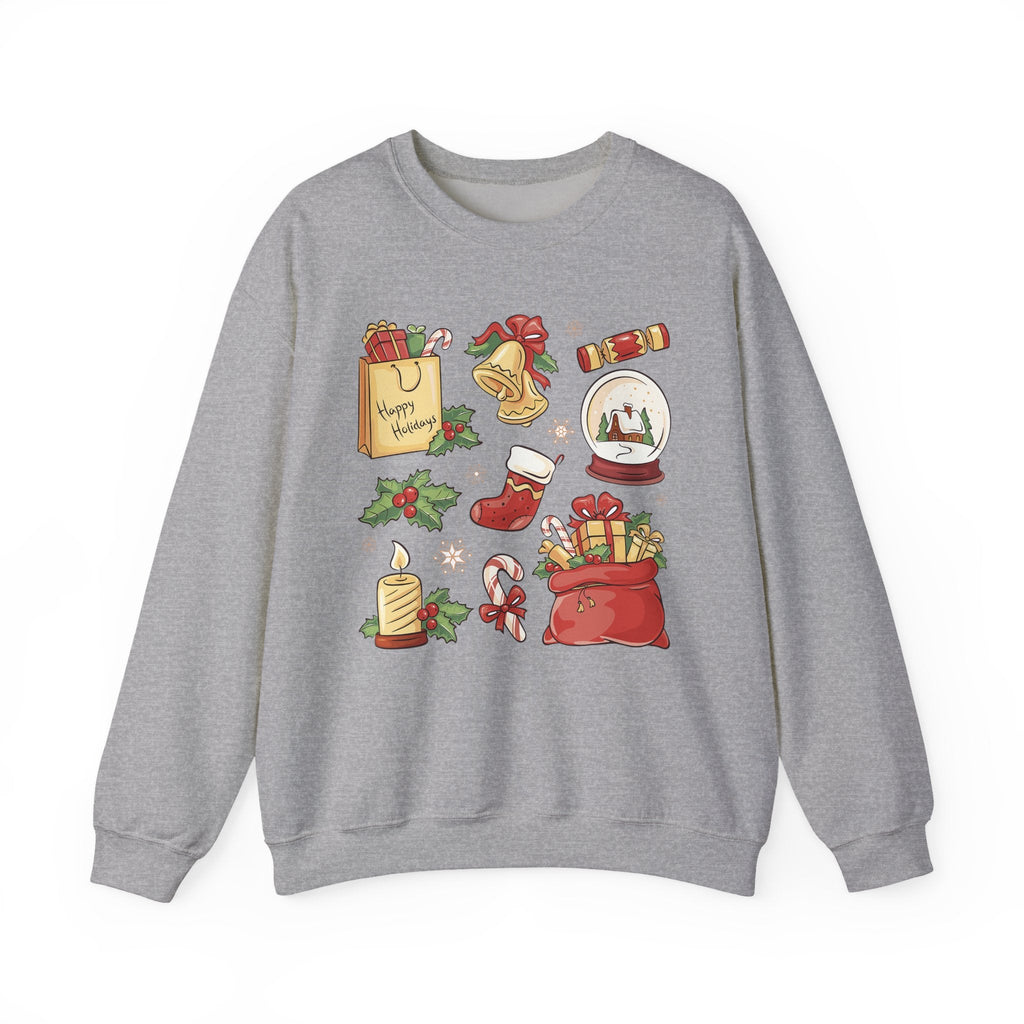 Christmas Icons collage Sweatshirt | holiday presents bell stocking snow globe - Etna Gift