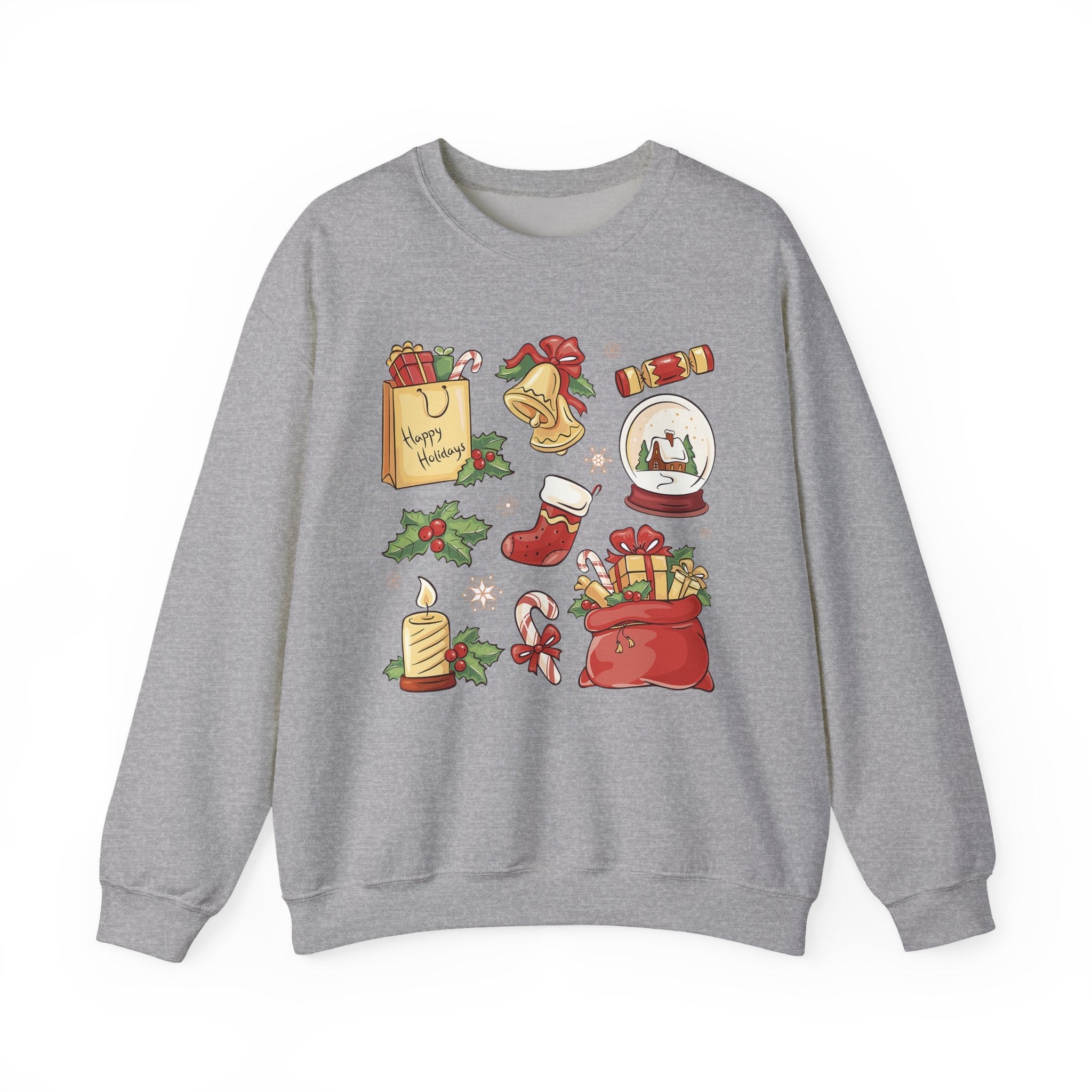 Christmas Icons collage Sweatshirt | holiday presents bell stocking snow globe - Etna Gift