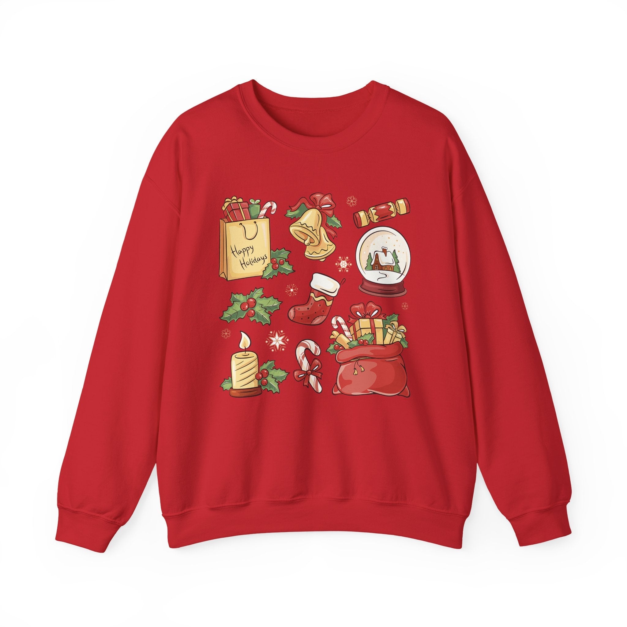 Christmas Icons collage Sweatshirt | holiday presents bell stocking snow globe - Etna Gift