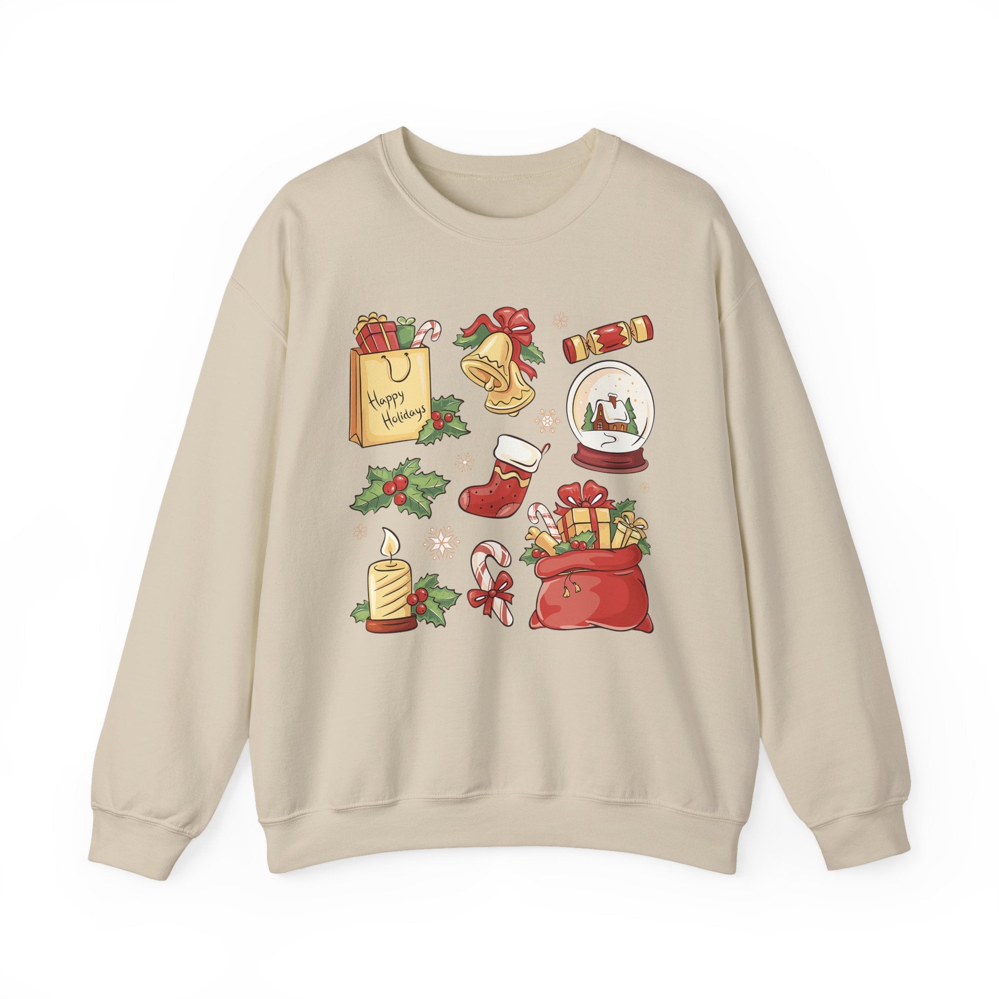 Christmas Icons collage Sweatshirt | holiday presents bell stocking snow globe - Etna Gift