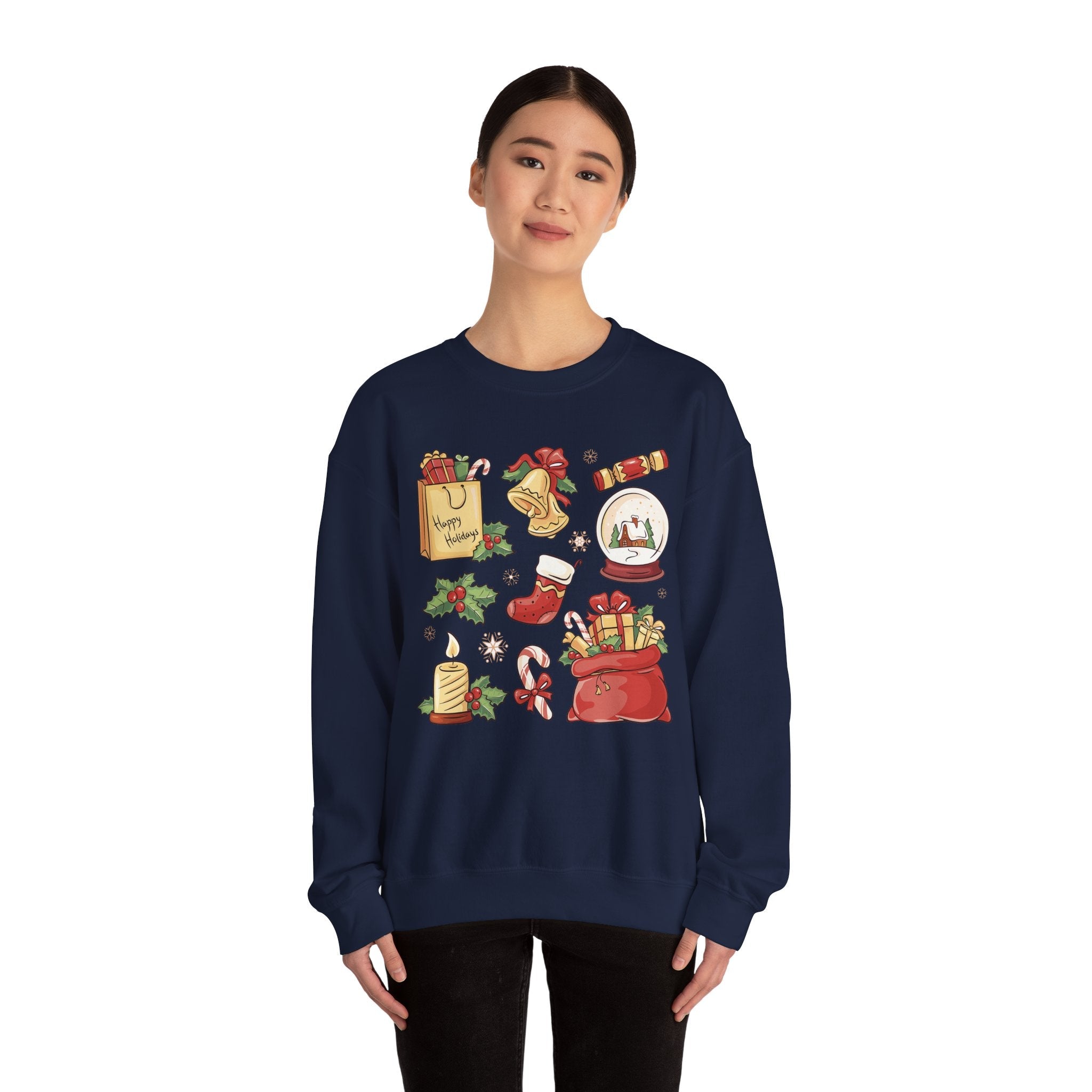 Christmas Icons collage Sweatshirt | holiday presents bell stocking snow globe - Etna Gift