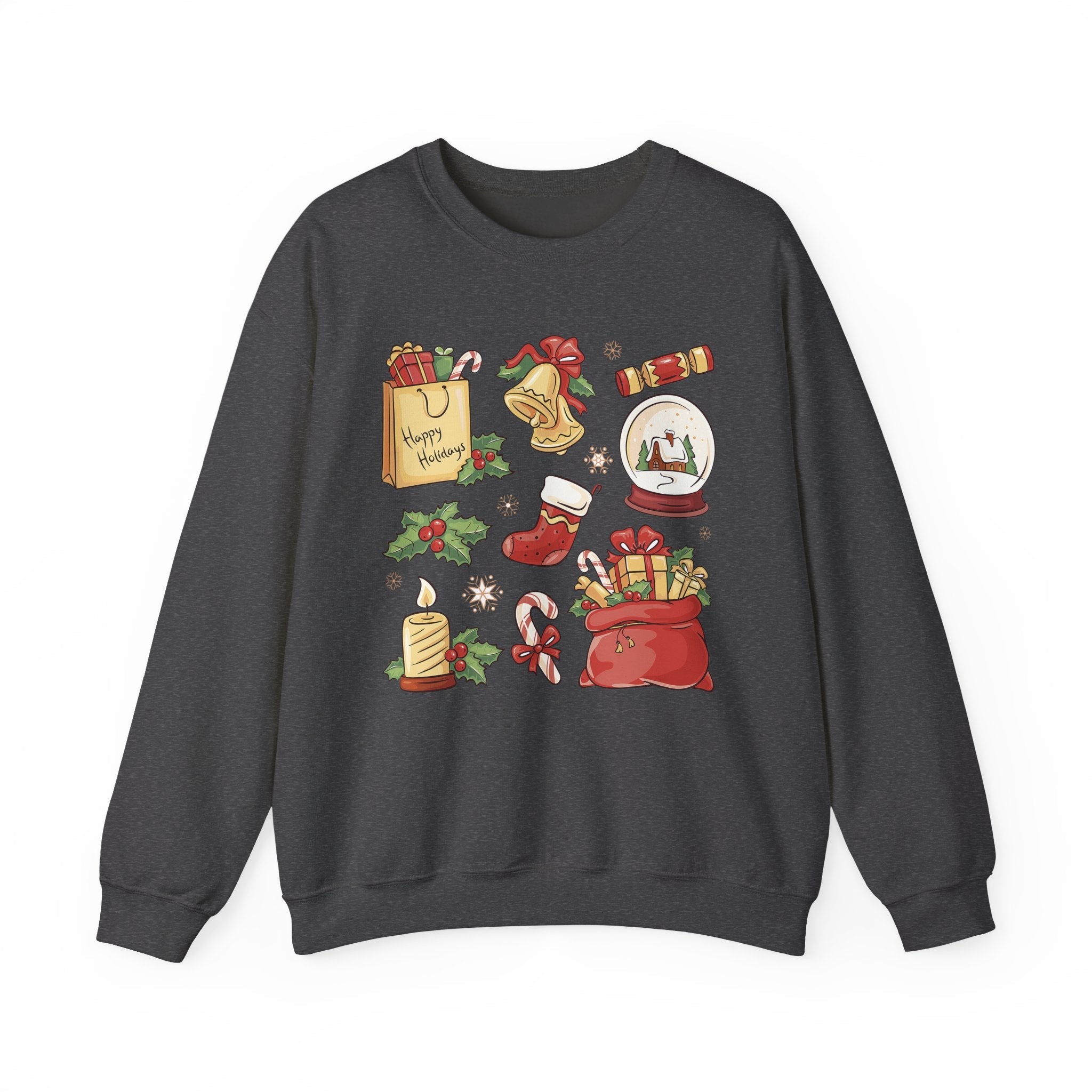 Christmas Icons collage Sweatshirt | holiday presents bell stocking snow globe - Etna Gift