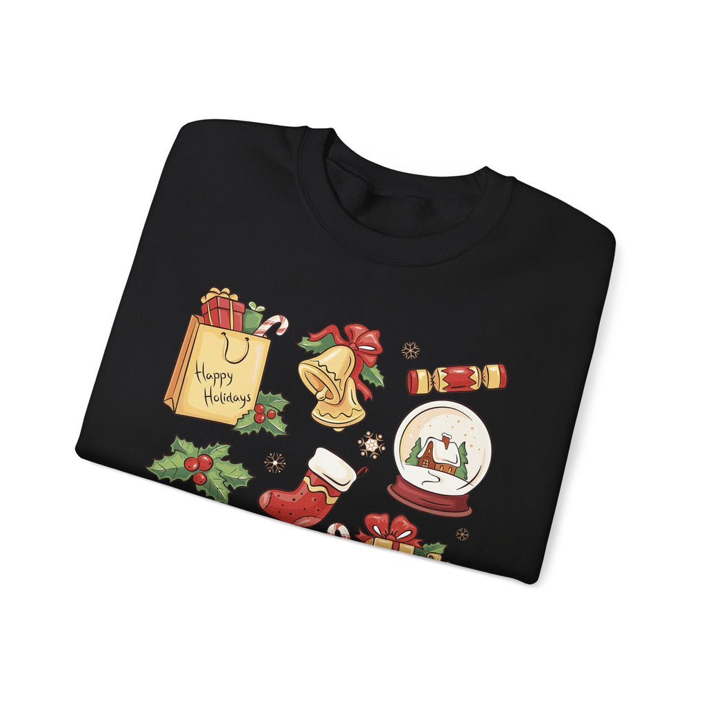 Christmas Icons collage Sweatshirt | holiday presents bell stocking snow globe - Etna Gift